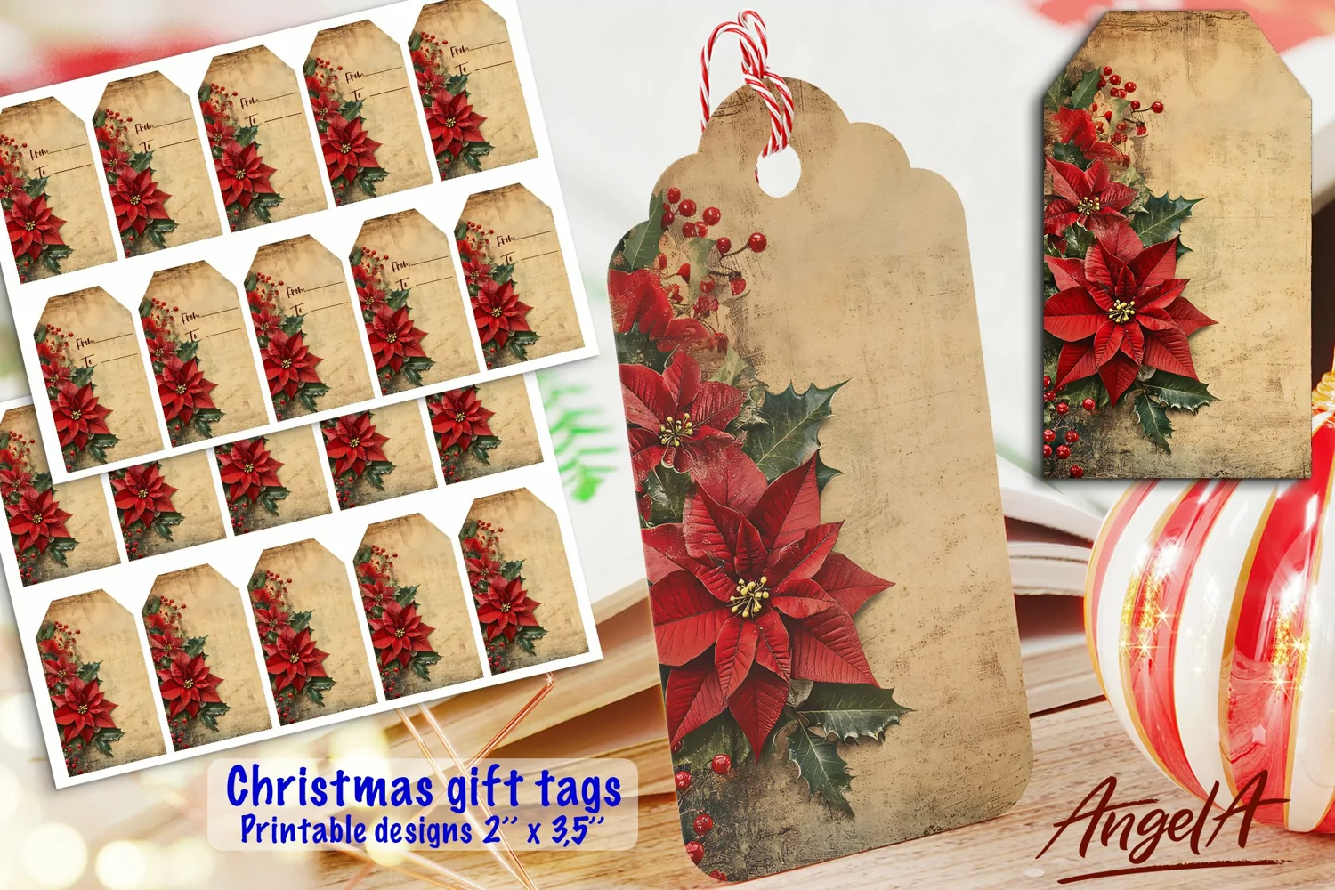 Printable Christmas gift tags PDF / poinsettia / retro paper product image 1