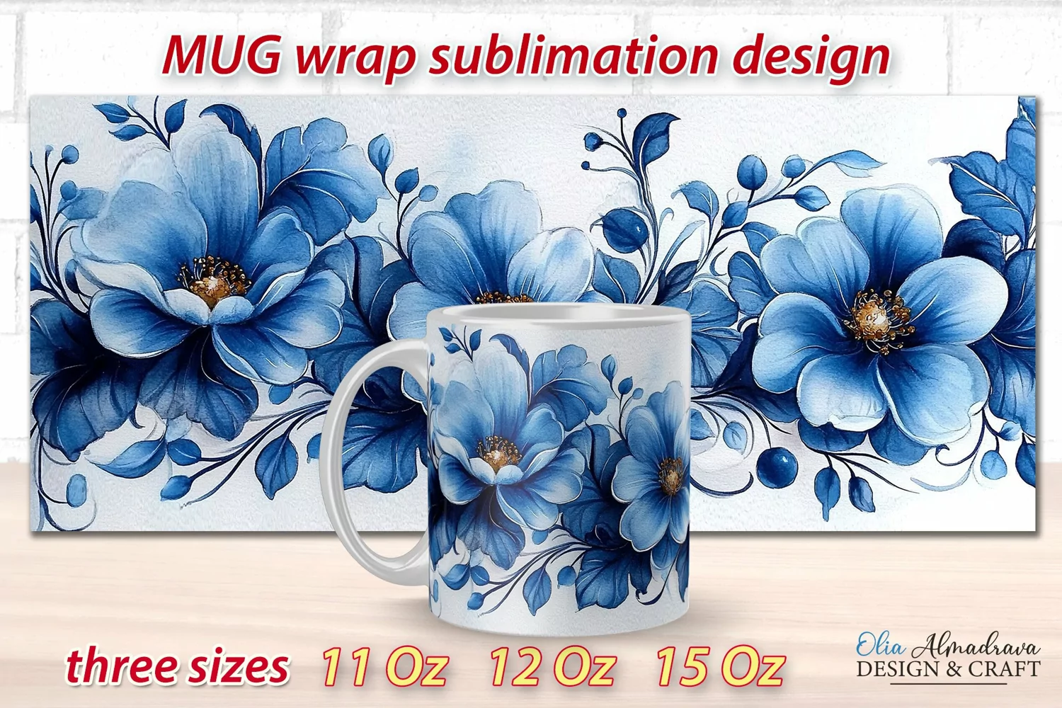 Gzhel Pattern Mug Wrap| Mug Sublimation Template Watercolor product image 1