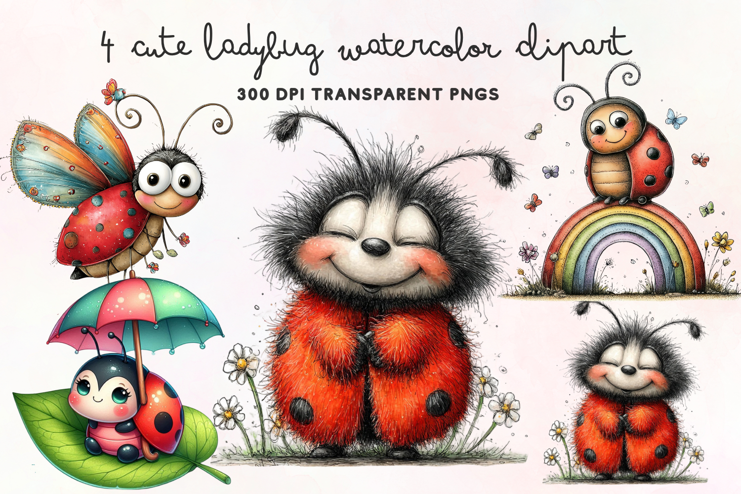 Cute Ladybug Watercolor Clipart PNG product image 1