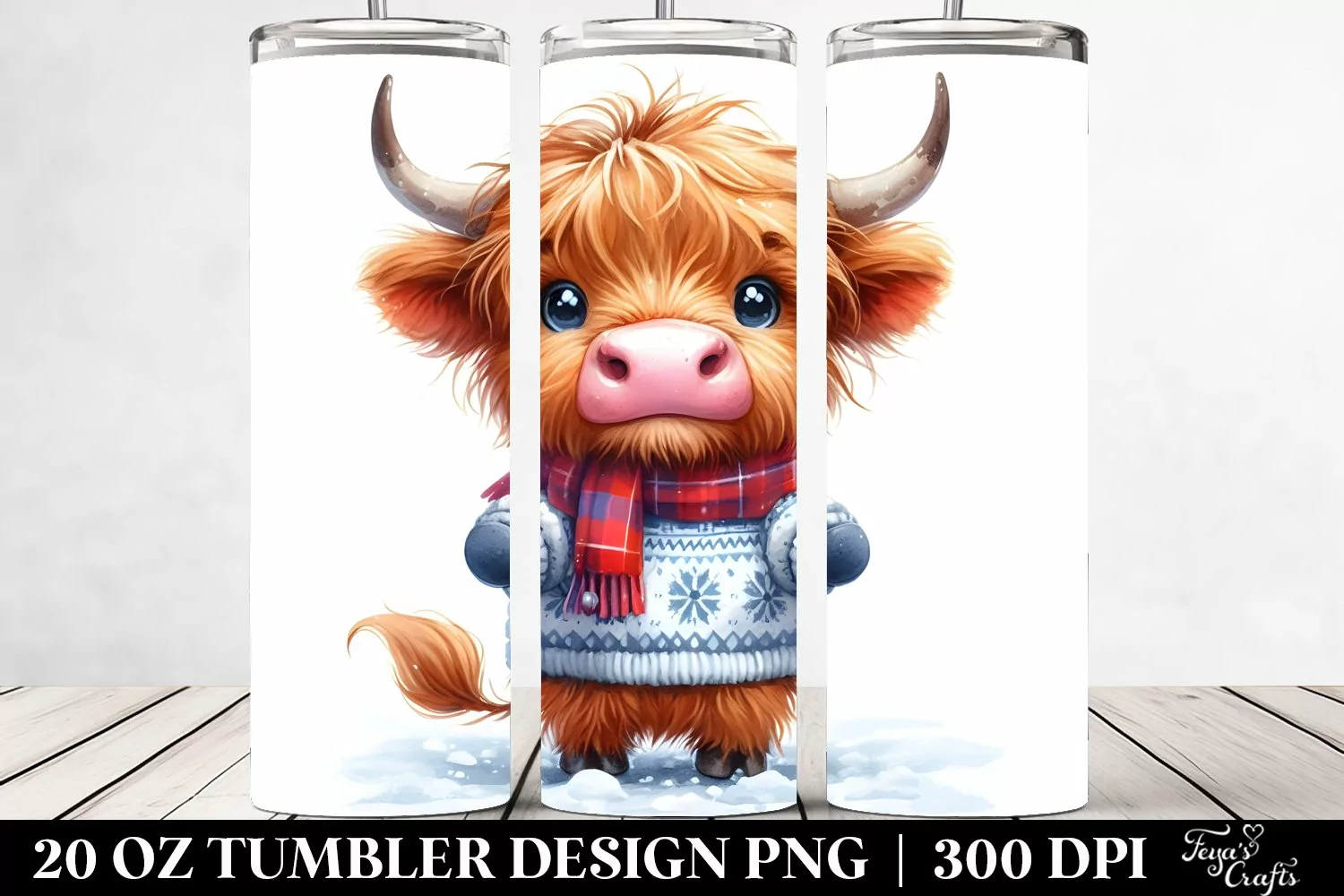Goofy Highland Cow in Winter Clothes Sublimation Clipart product image 1