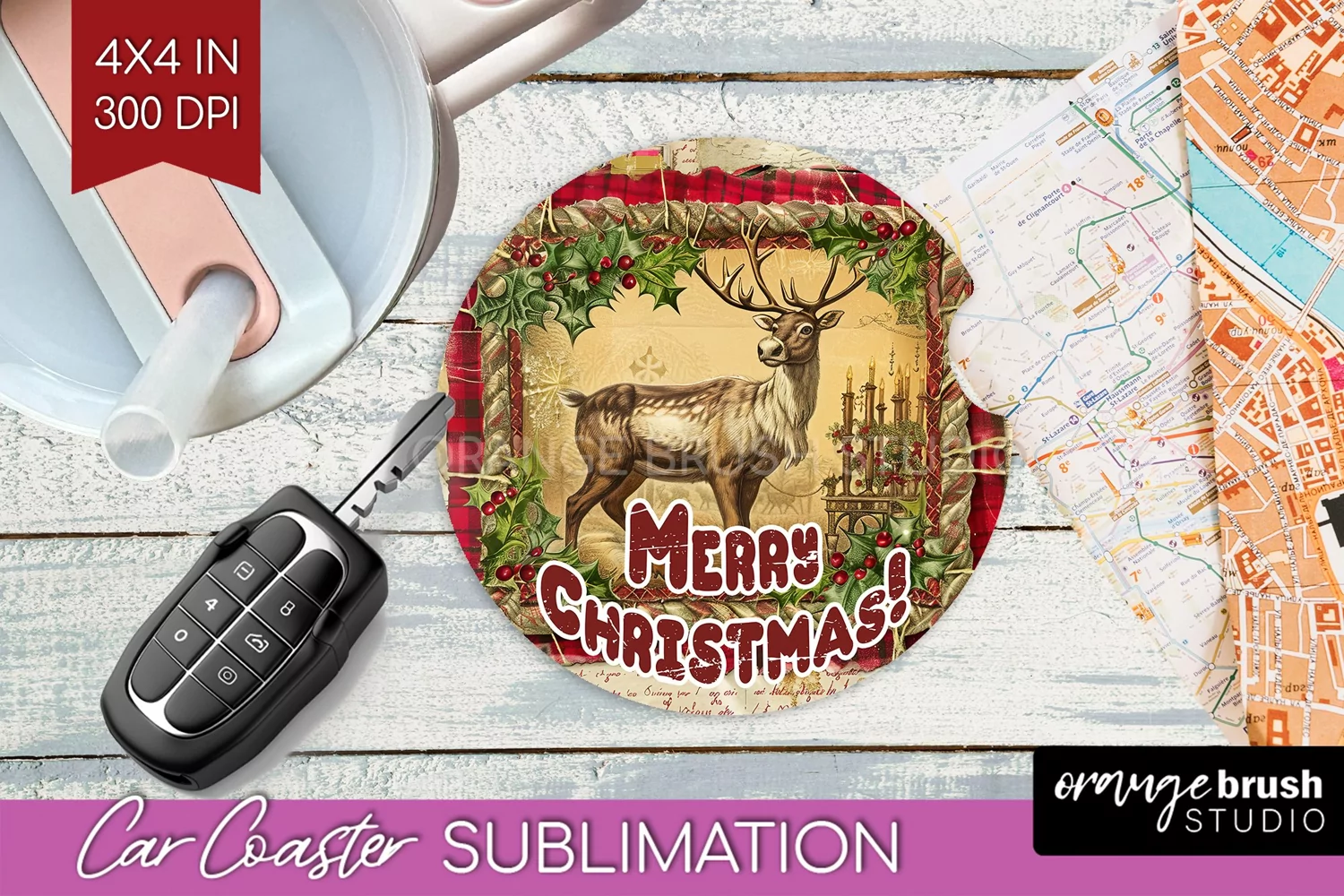 Vintage Christmas Car Coaster PNG - Xmas Coaster Sublimatoin product image 1