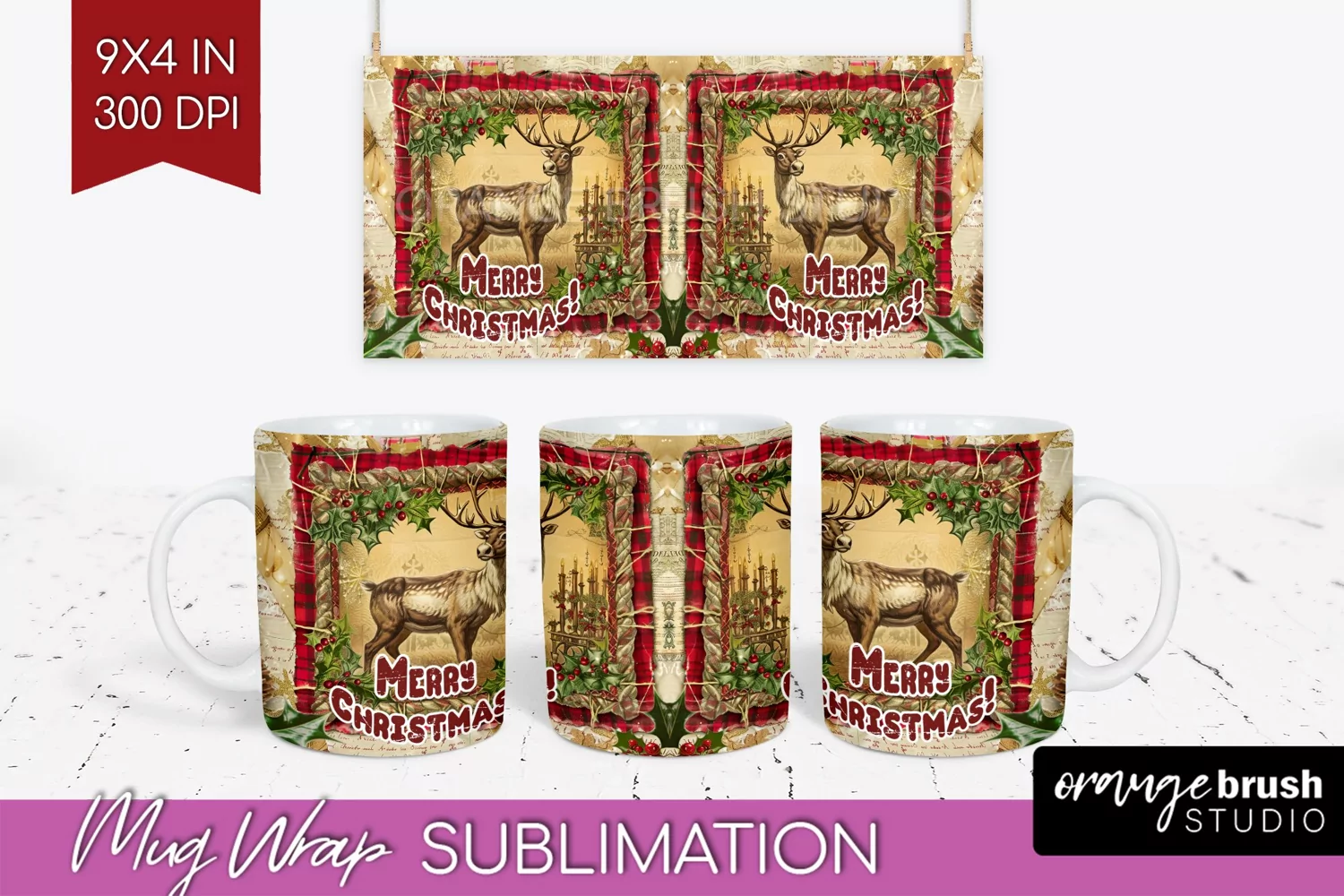 Vintage Christmas Mug Wrap - Retro Xmas 15Oz Mug Sublimation product image 1