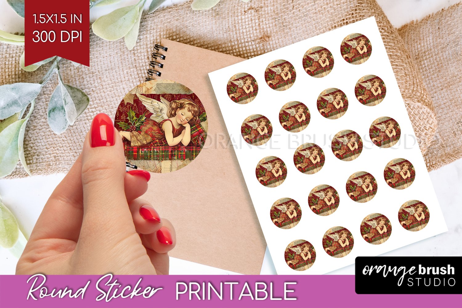 Vintage Christmas Round Sticker - Retro Printable Stickers product image 1