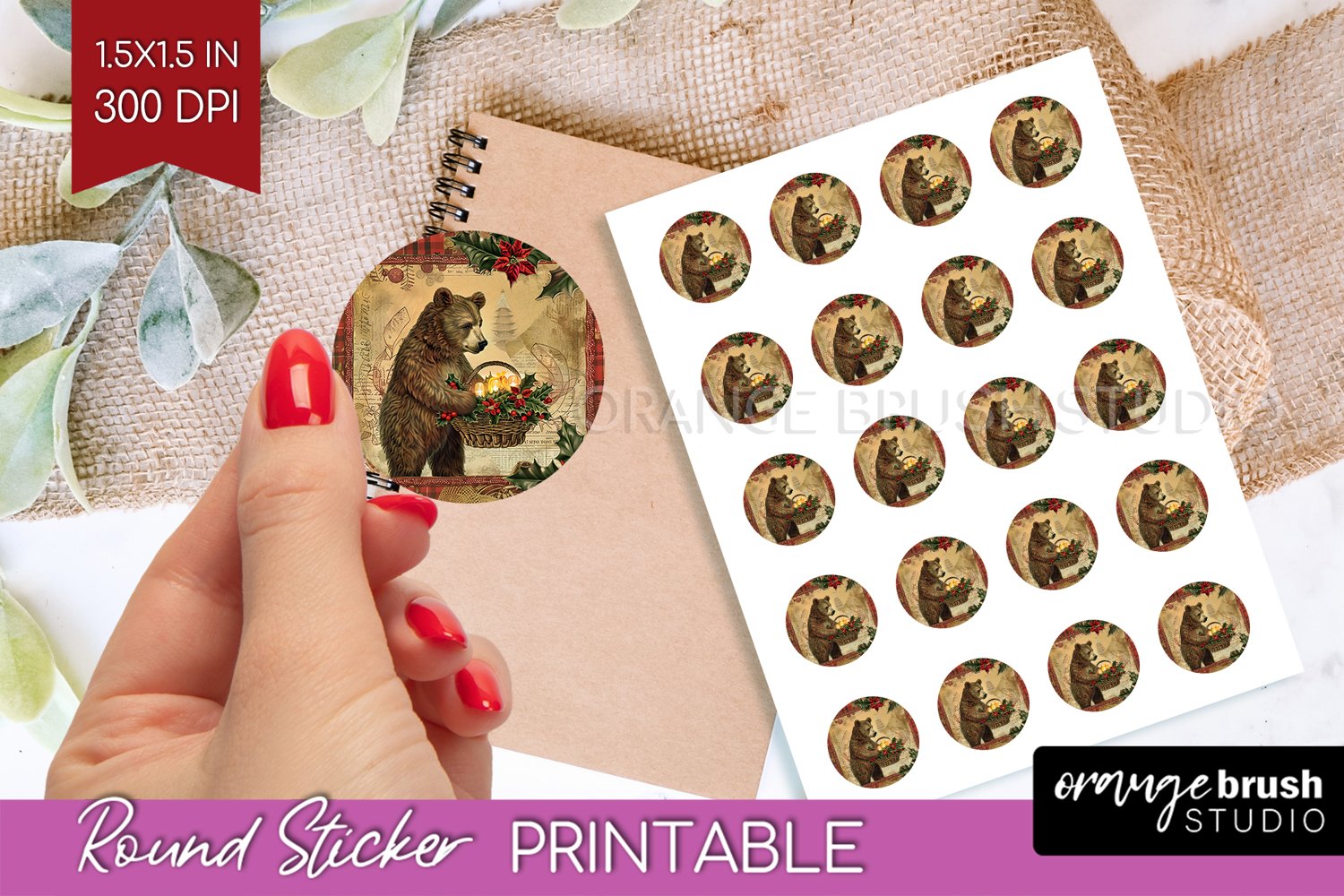 Vintage Christmas Round Sticker - Retro Printable Stickers product image 1