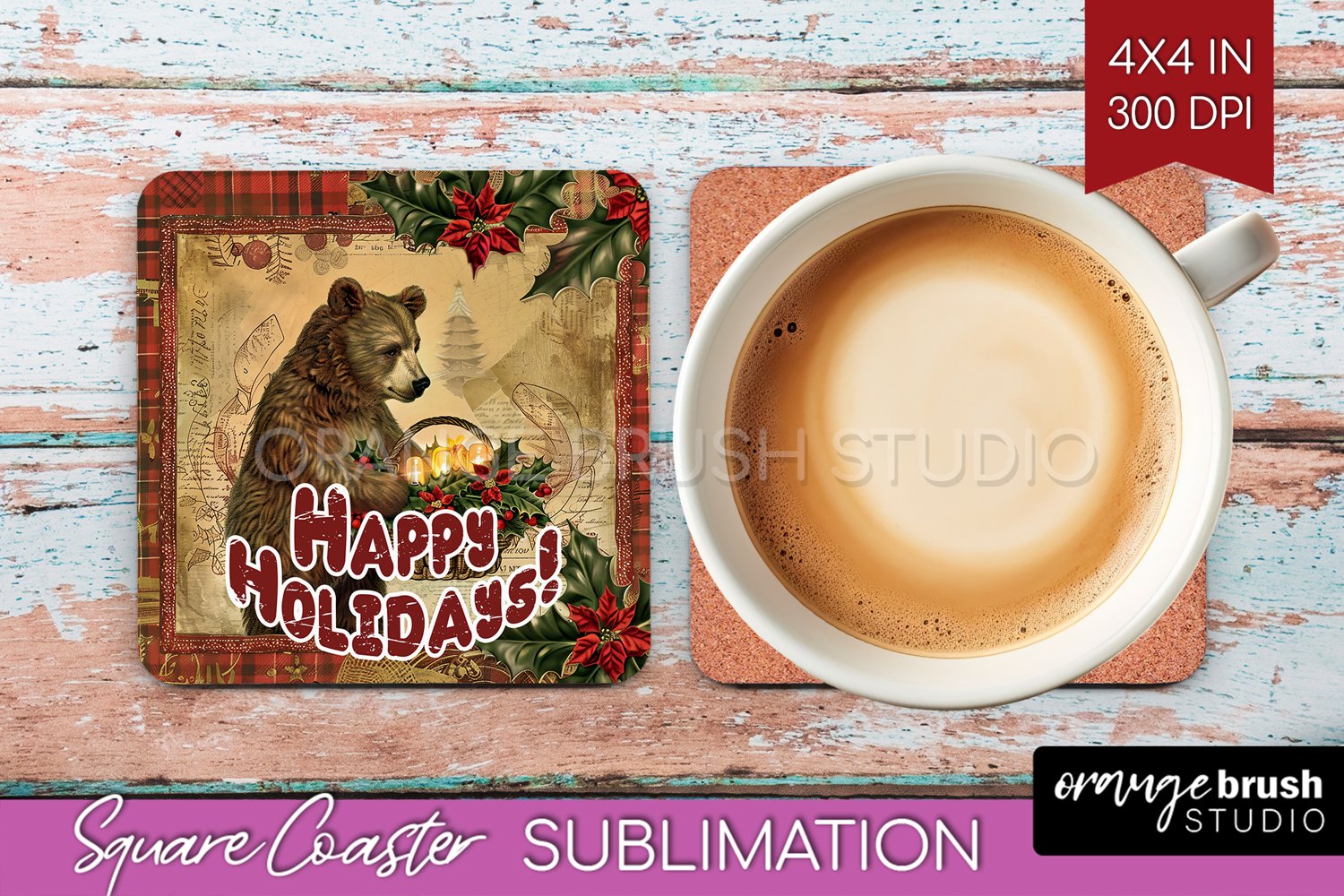 Vintage Christmas Square Coaster - Xmas Coaster Sublimation product image 1