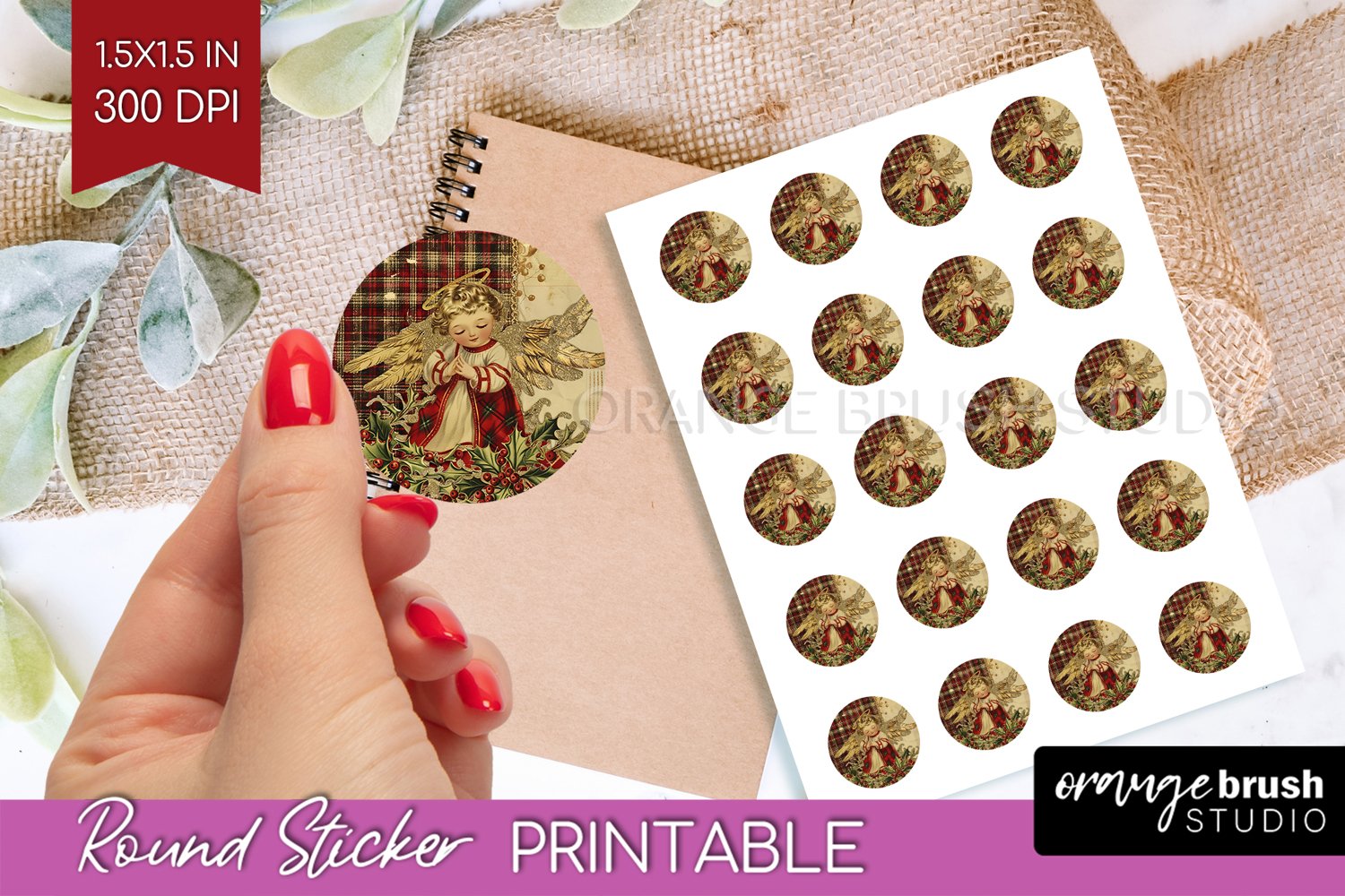 Vintage Christmas Round Sticker - Retro Printable Stickers product image 1