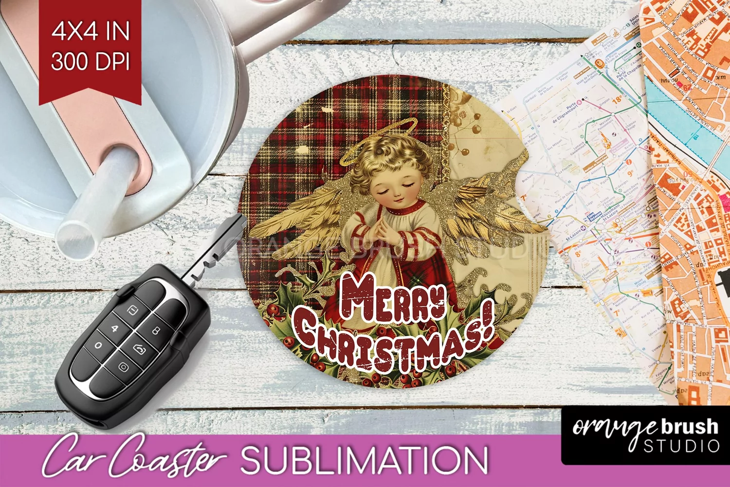 Vintage Christmas Car Coaster PNG - Xmas Coaster Sublimatoin product image 1