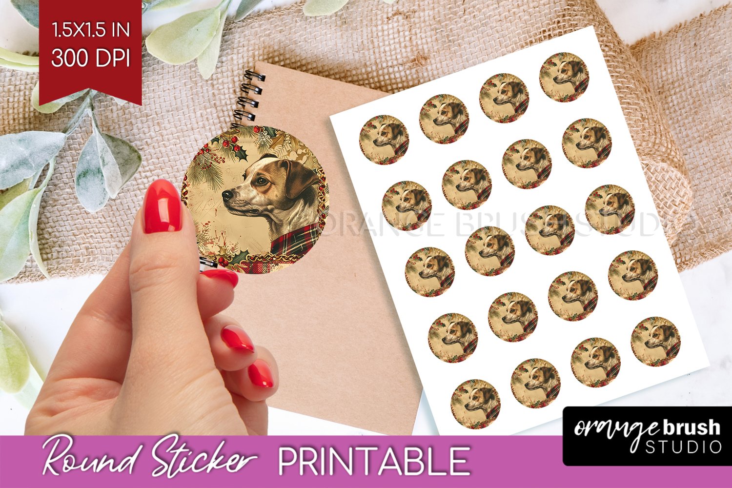 Vintage Christmas Round Sticker - Retro Printable Stickers product image 1