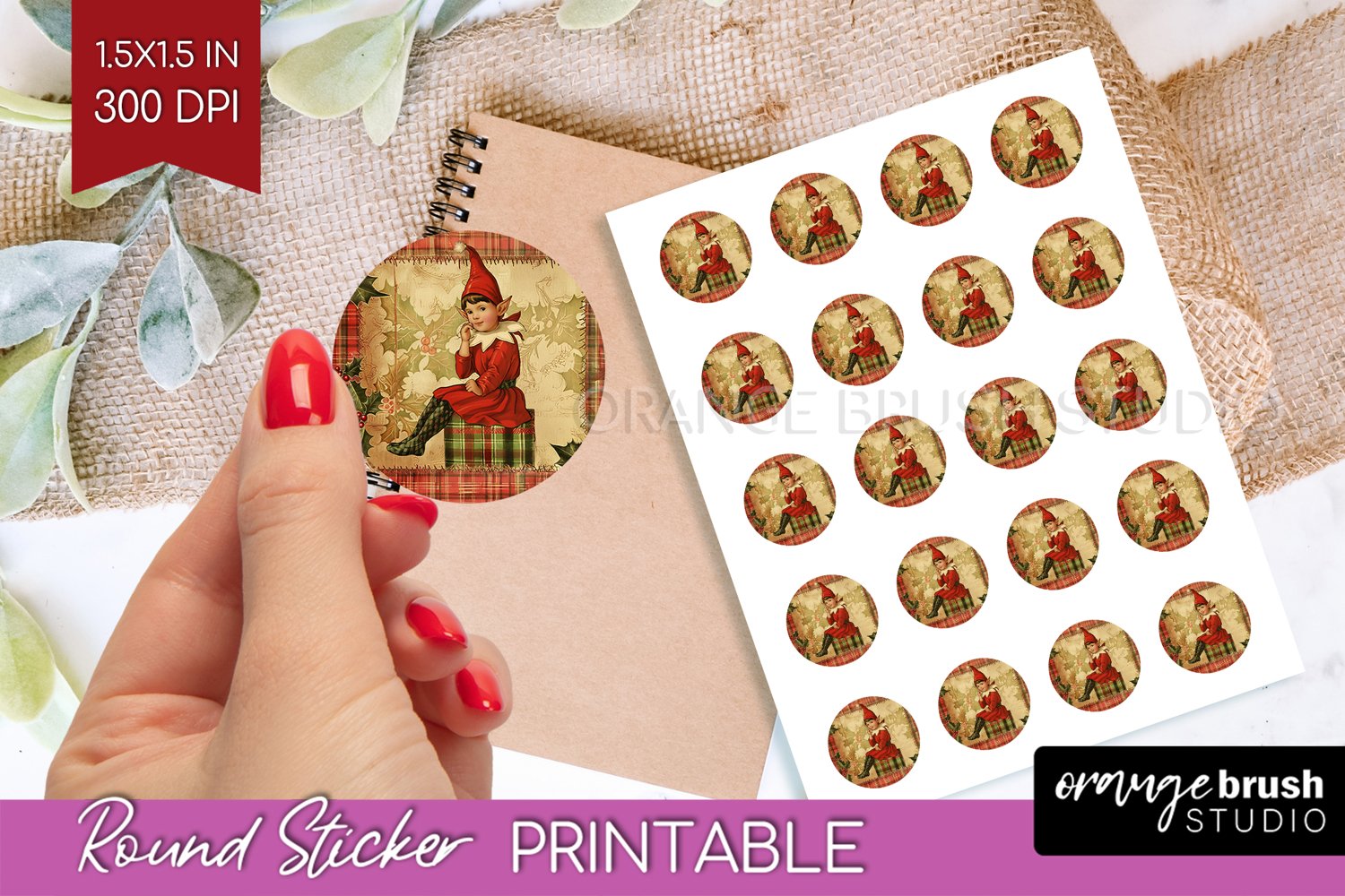 Vintage Christmas Round Sticker - Retro Printable Stickers product image 1