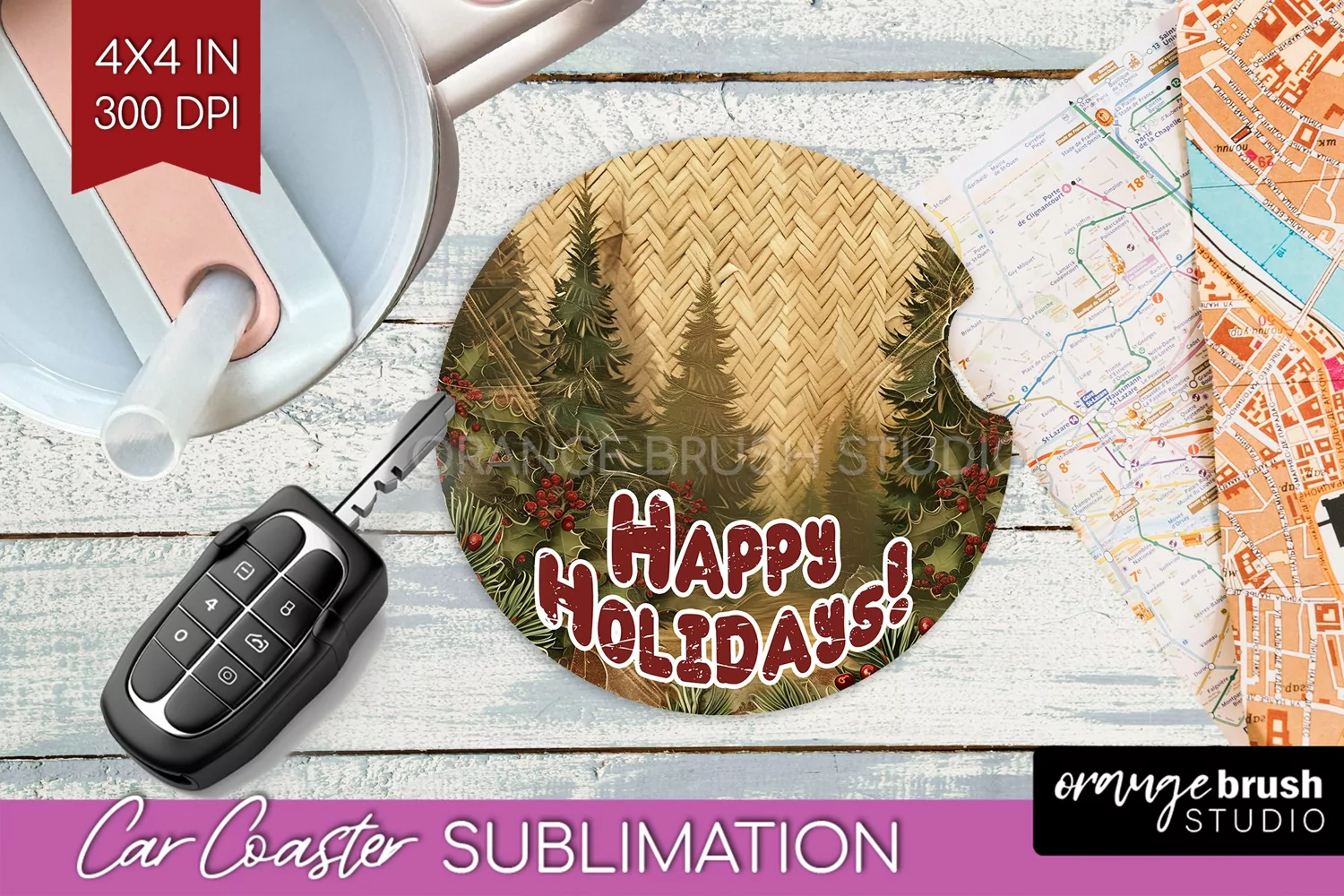 Vintage Christmas Car Coaster PNG - Xmas Coaster Sublimatoin product image 1