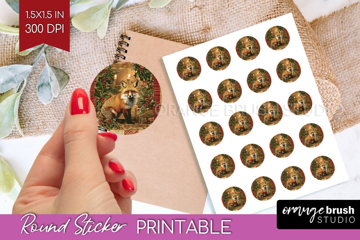 Vintage Christmas Round Sticker - Retro Printable Stickers product image 1
