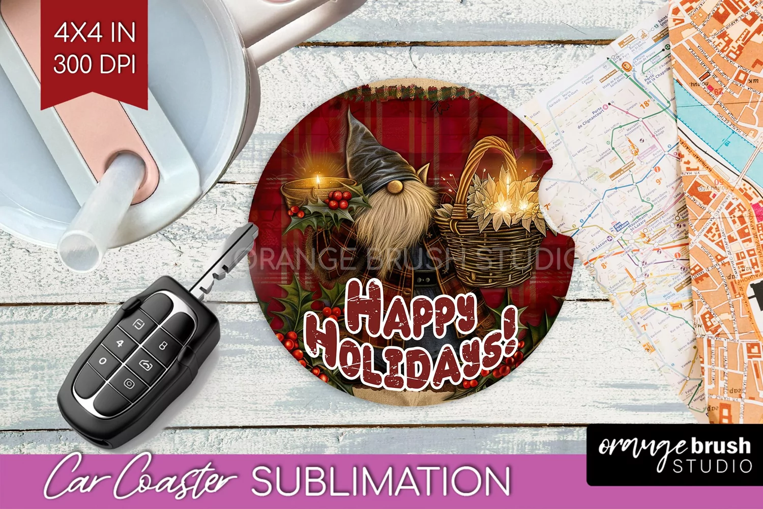 Vintage Christmas Car Coaster PNG - Xmas Coaster Sublimatoin product image 1