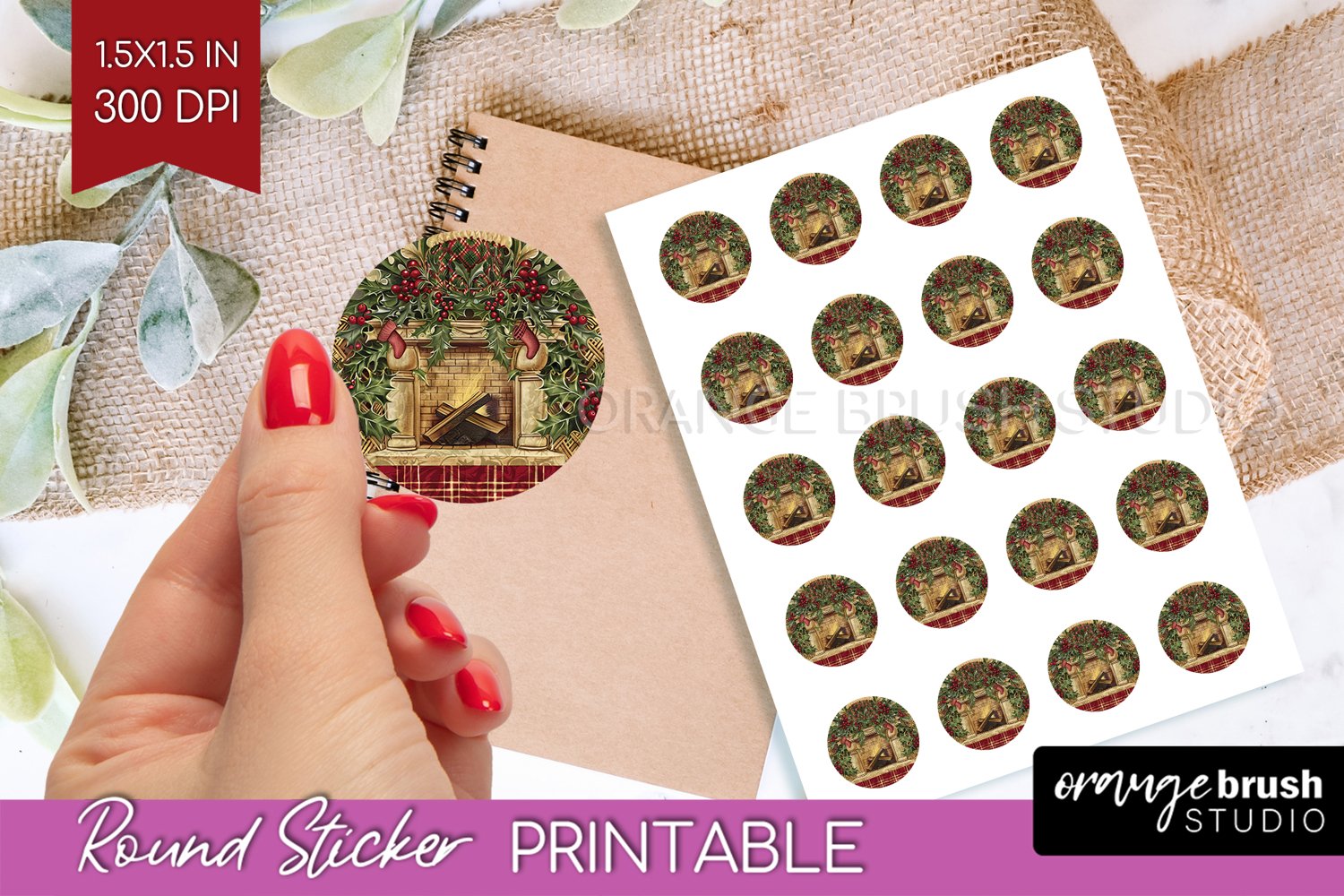 Vintage Christmas Round Sticker - Retro Printable Stickers product image 1