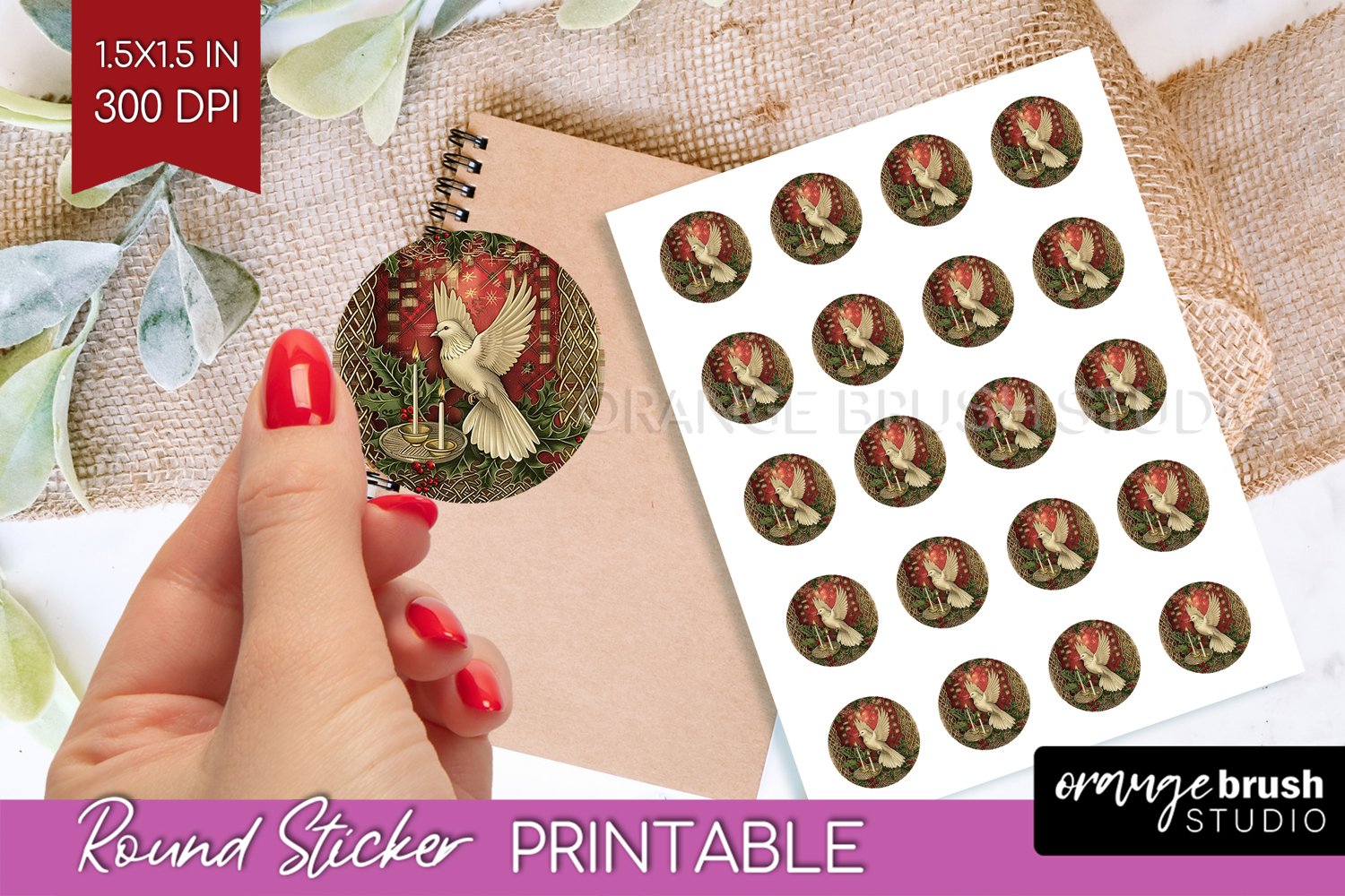 Vintage Christmas Round Sticker - Retro Printable Stickers product image 1