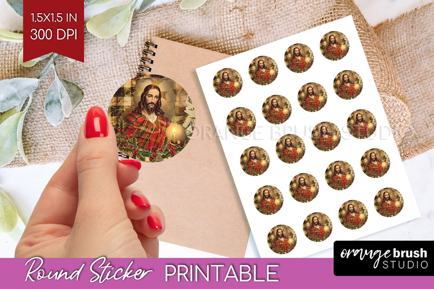 Vintage Christmas Round Sticker - Retro Printable Stickers product image 1