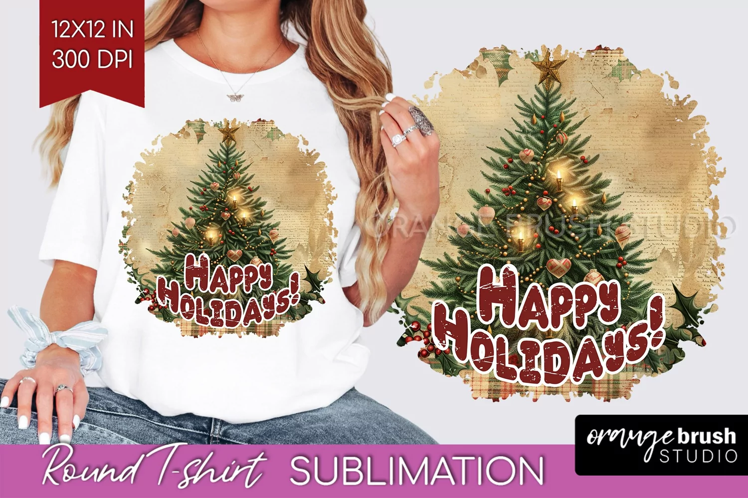 Vintage Christmas Sublimation, Xmas Round Tshirt Background product image 1