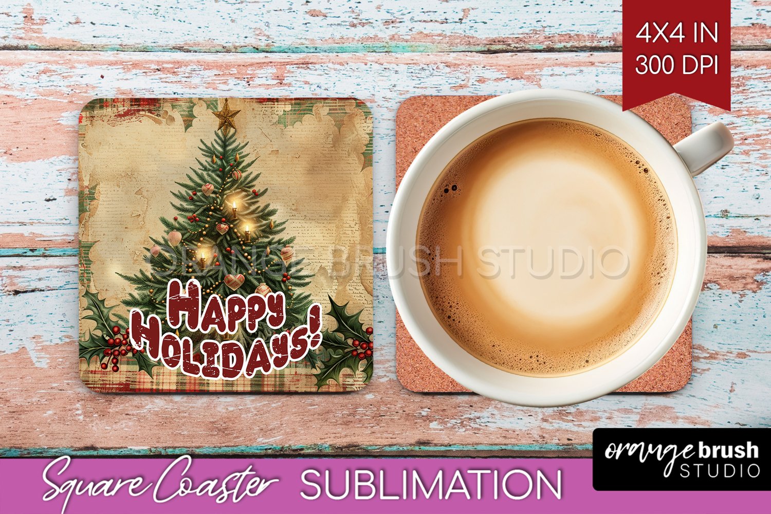Vintage Christmas Square Coaster - Xmas Coaster Sublimation product image 1