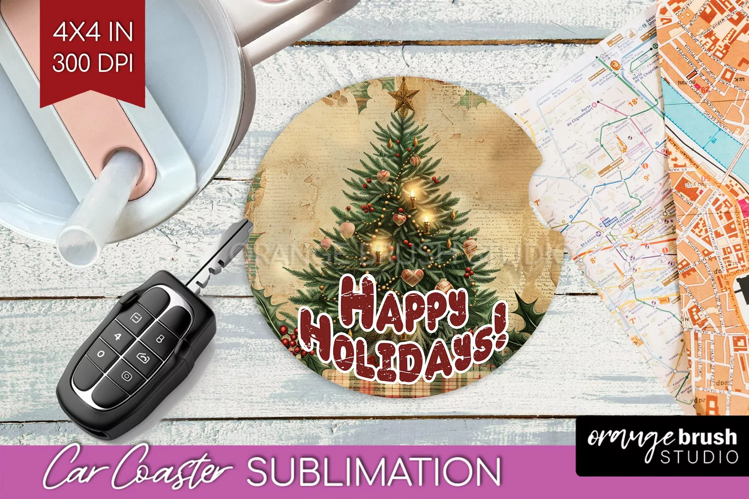 Vintage Christmas Car Coaster PNG - Xmas Coaster Sublimatoin product image 1