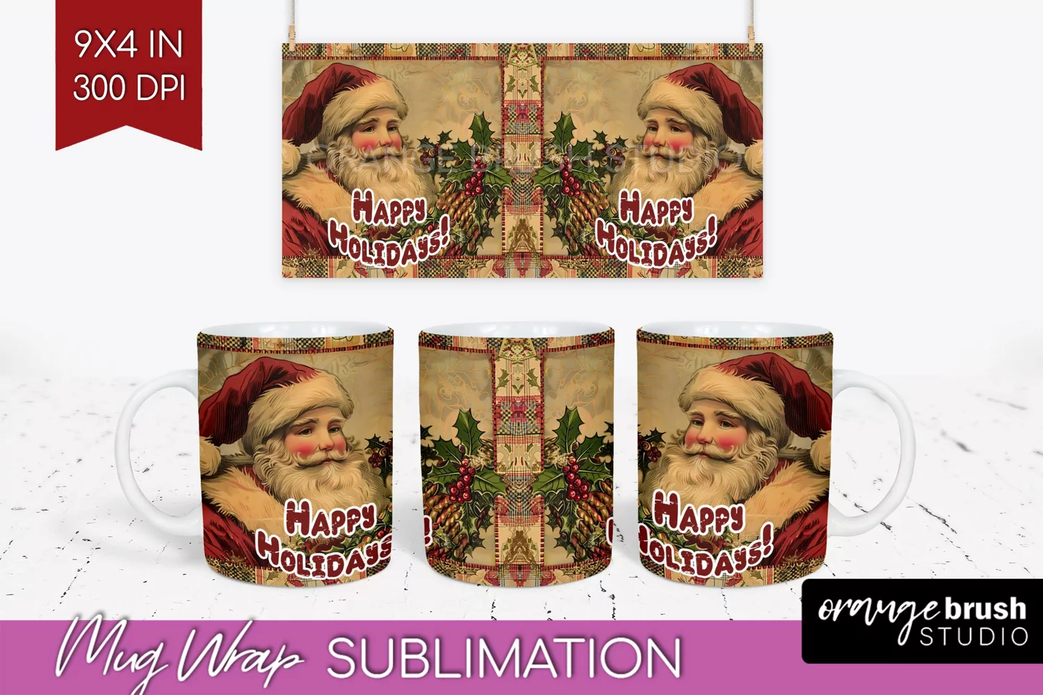 Vintage Christmas Mug Wrap - Retro Xmas 15Oz Mug Sublimation product image 1