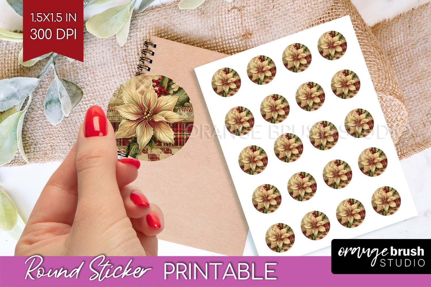 Vintage Christmas Round Sticker - Retro Printable Stickers product image 1