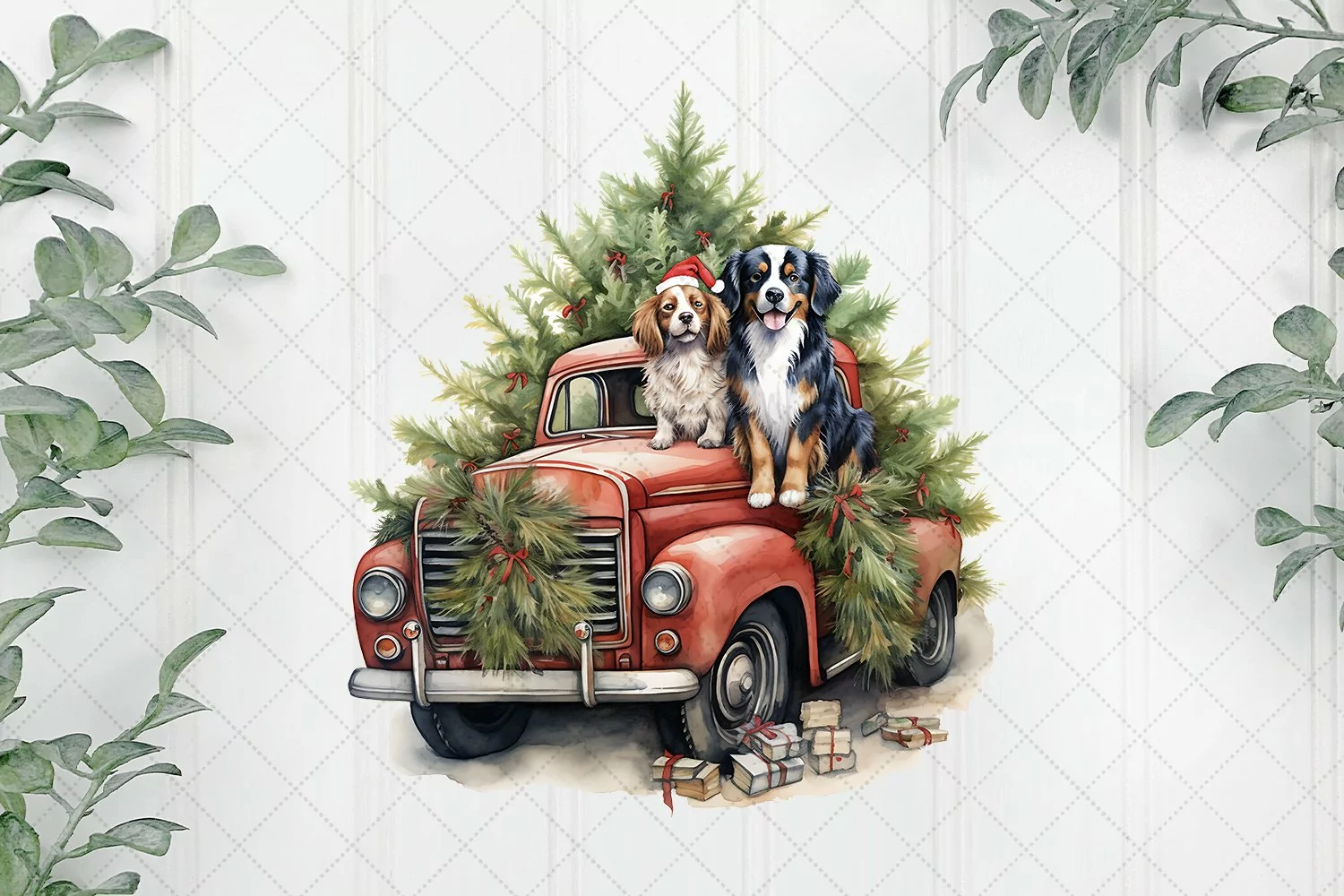 Vintage Red Truck With Many Puppies product image 1