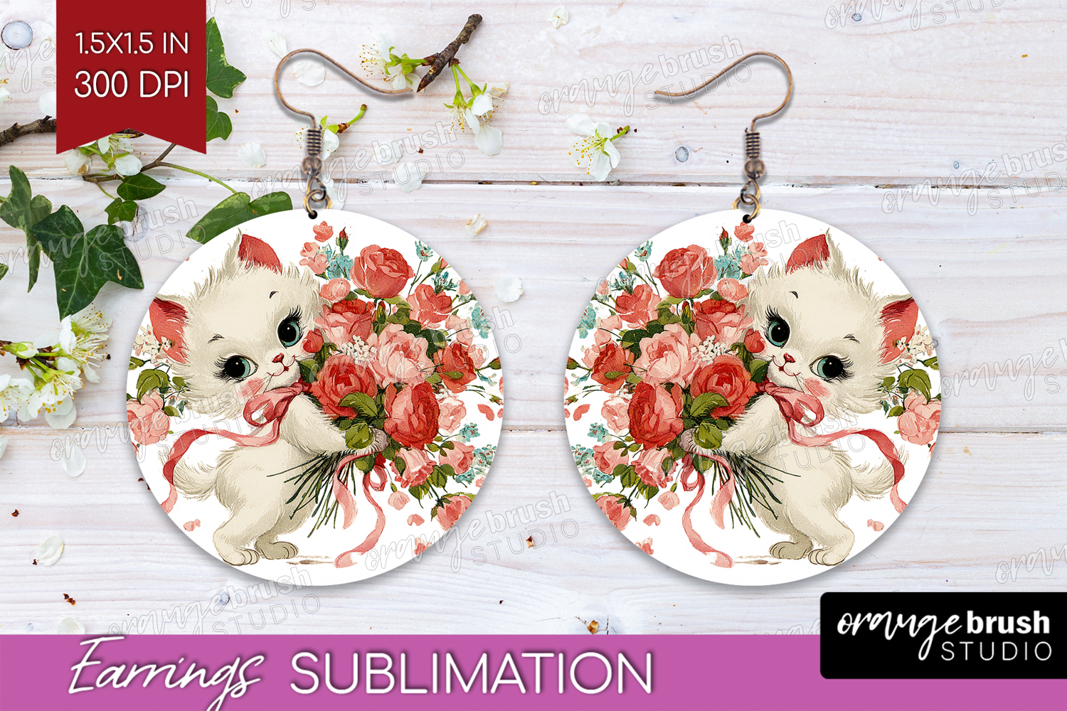 Vintage Valentines Day Round Earrings - Retro Animal PNG product image 1