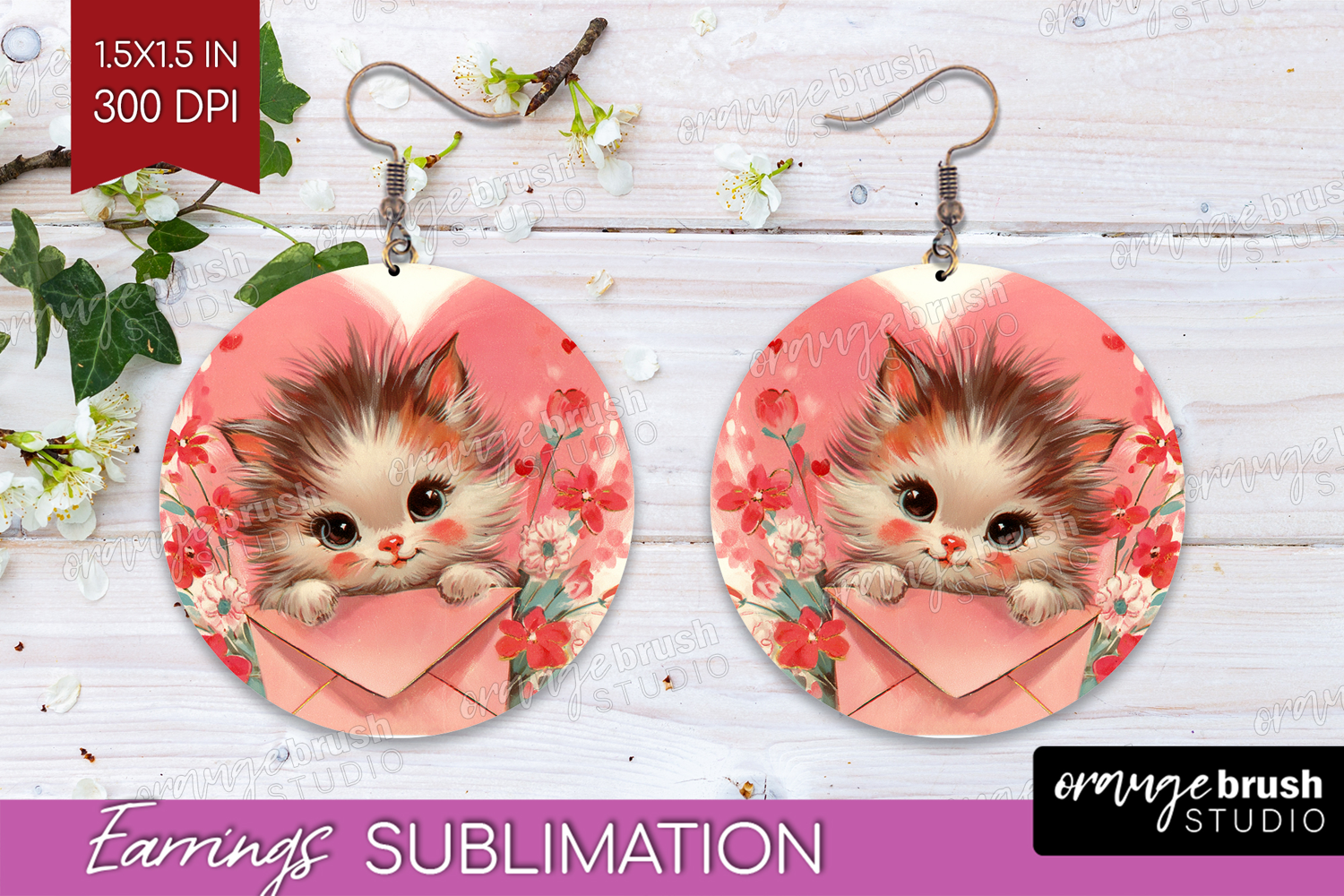 Vintage Valentines Day Round Earrings - Retro Animal PNG product image 1