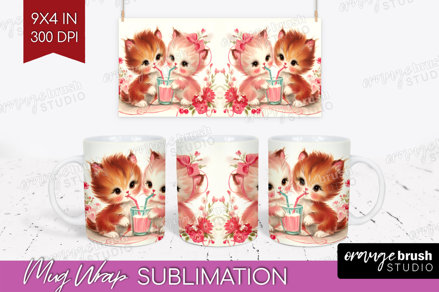 Vintage Valentines Day Mug Wrap - Retro Animal Mug PNG product image 1