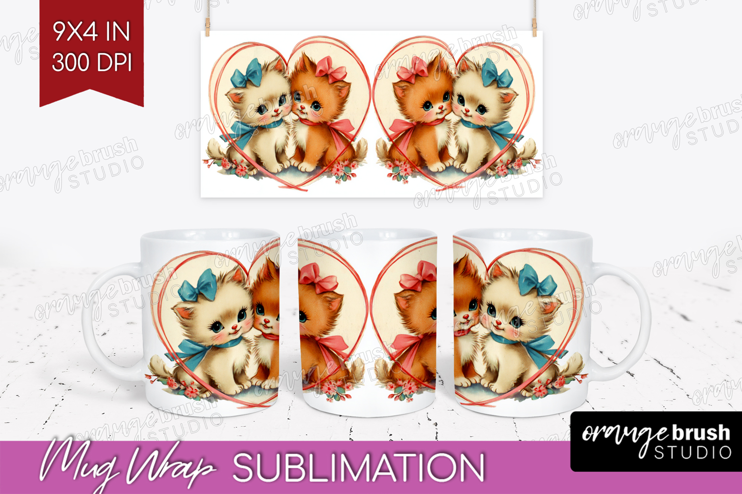 Vintage Valentines Day Mug Wrap - Retro Animal Mug PNG product image 1