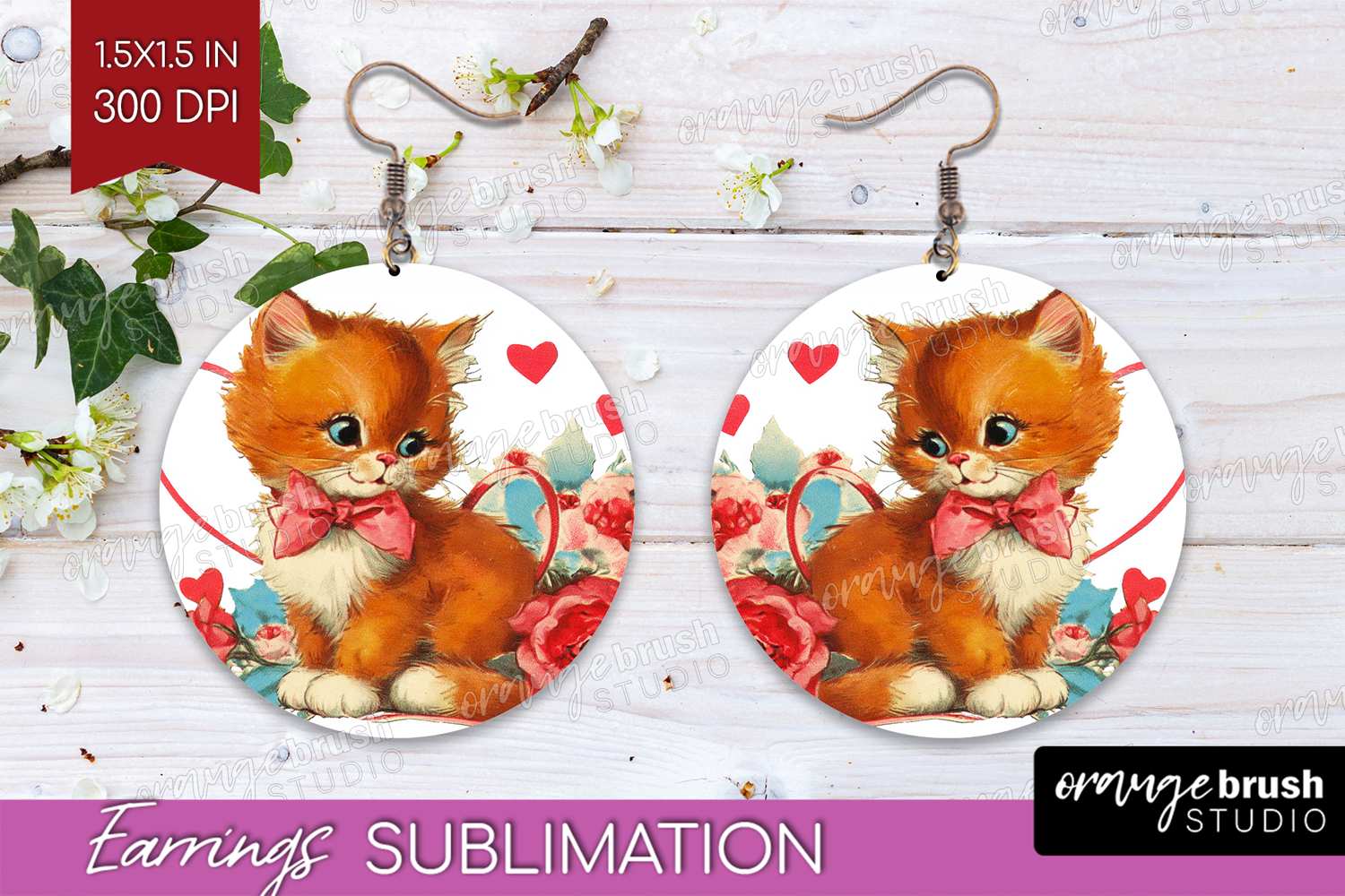 Vintage Valentines Day Round Earrings - Retro Animal PNG product image 1