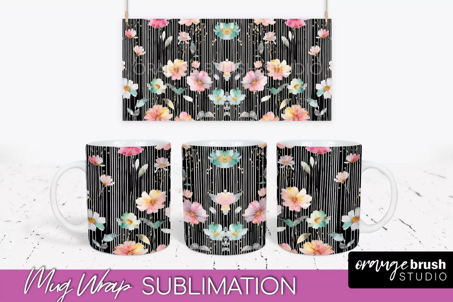 Pink Watercolor Flowers Mug Wrap - Floral Mug Sublimation product image 1