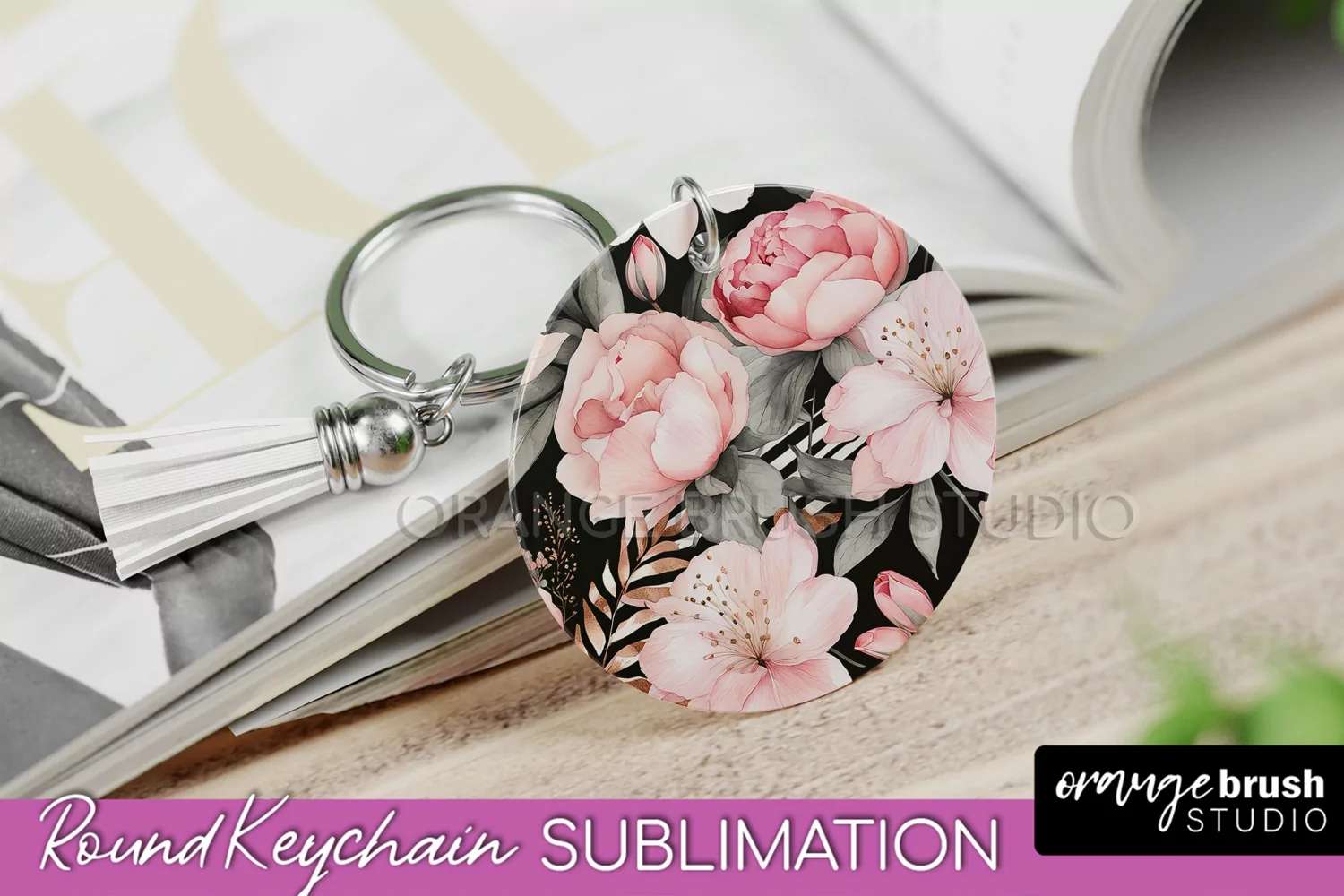 Pink Flowers Keychain, Floral Keychain Sublimation Design product image 1