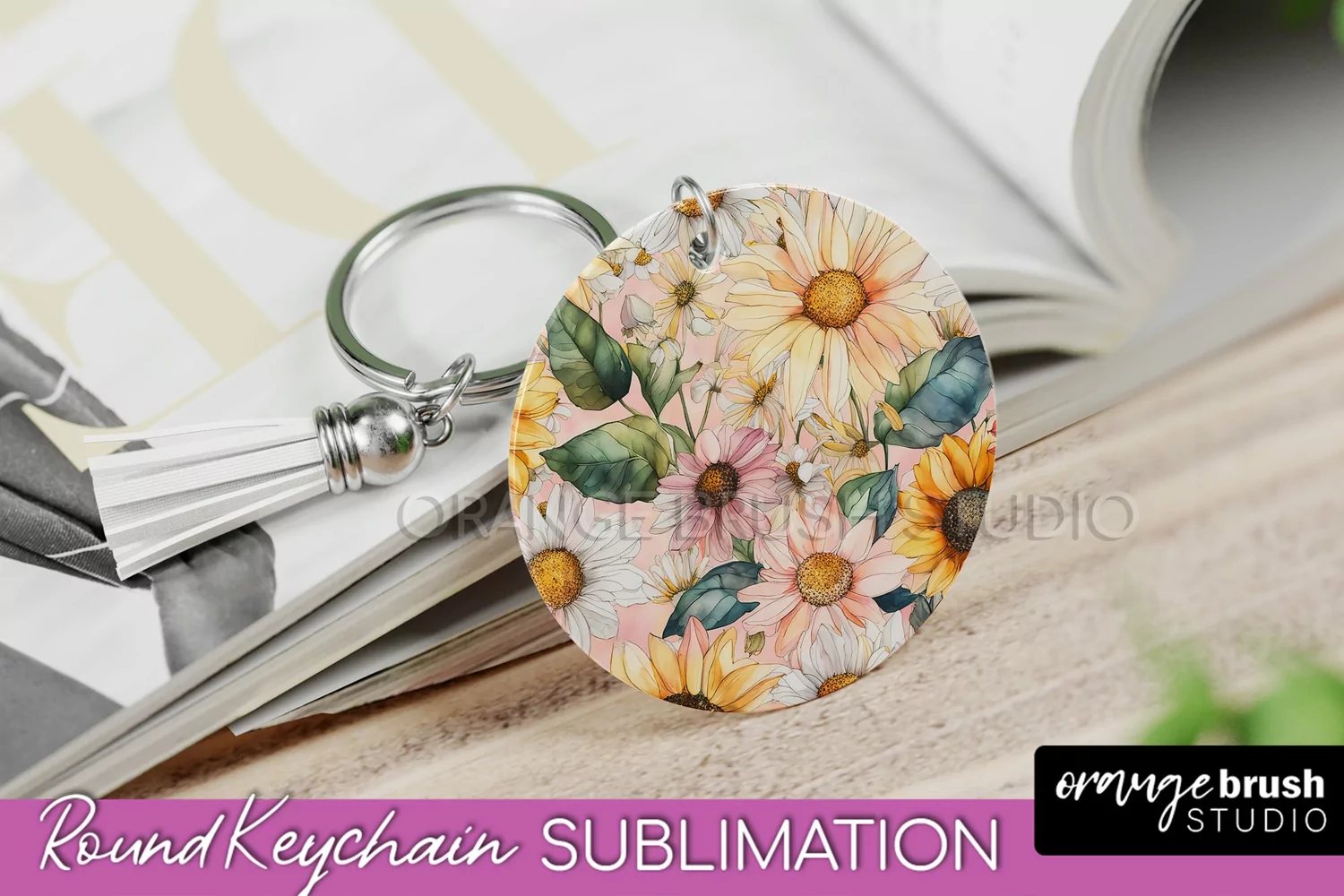 Pink Flowers Keychain, Floral Keychain Sublimation Design product image 1