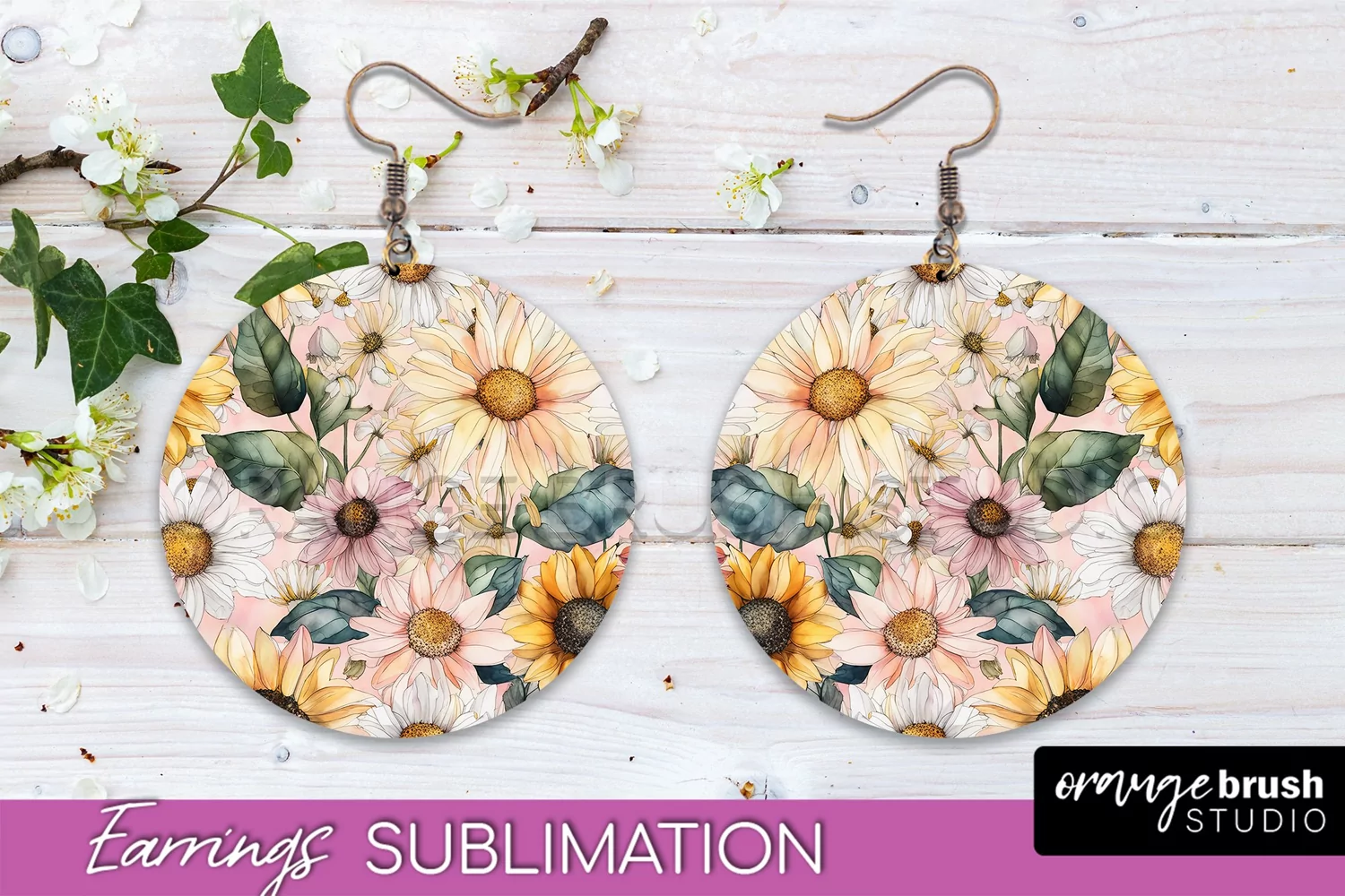 Watercolor Flowers Earrings, Pink Floral Earring Sublimation product image 1