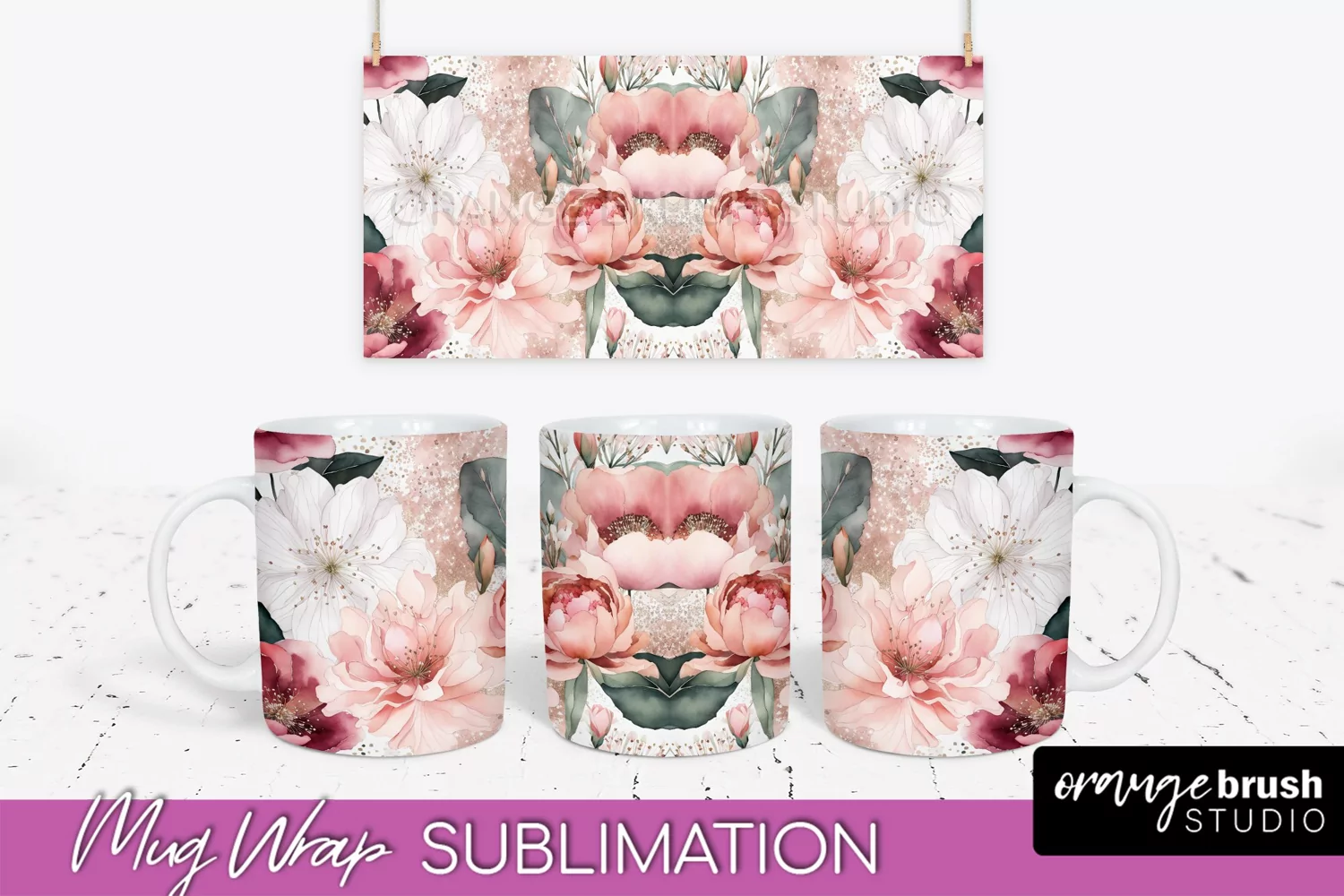 Pink Watercolor Flowers Mug Wrap - Floral Mug Sublimation product image 1