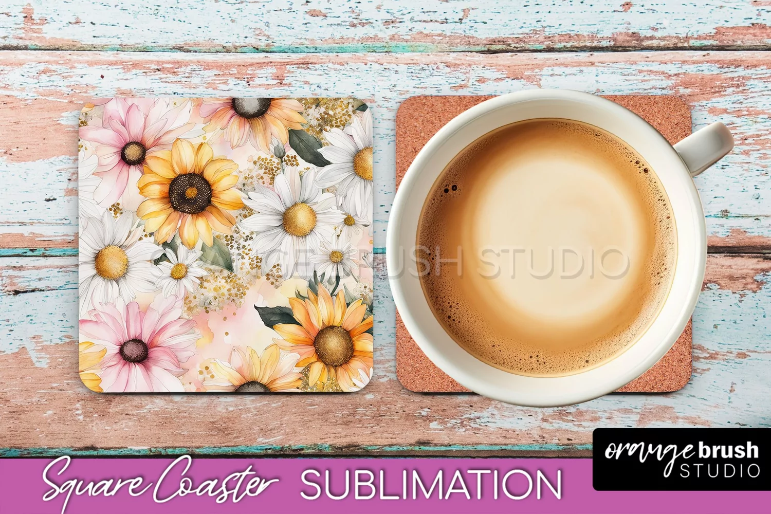 Watercolor Flowers Square Coaster - Floral Pink Sublimation product image 1