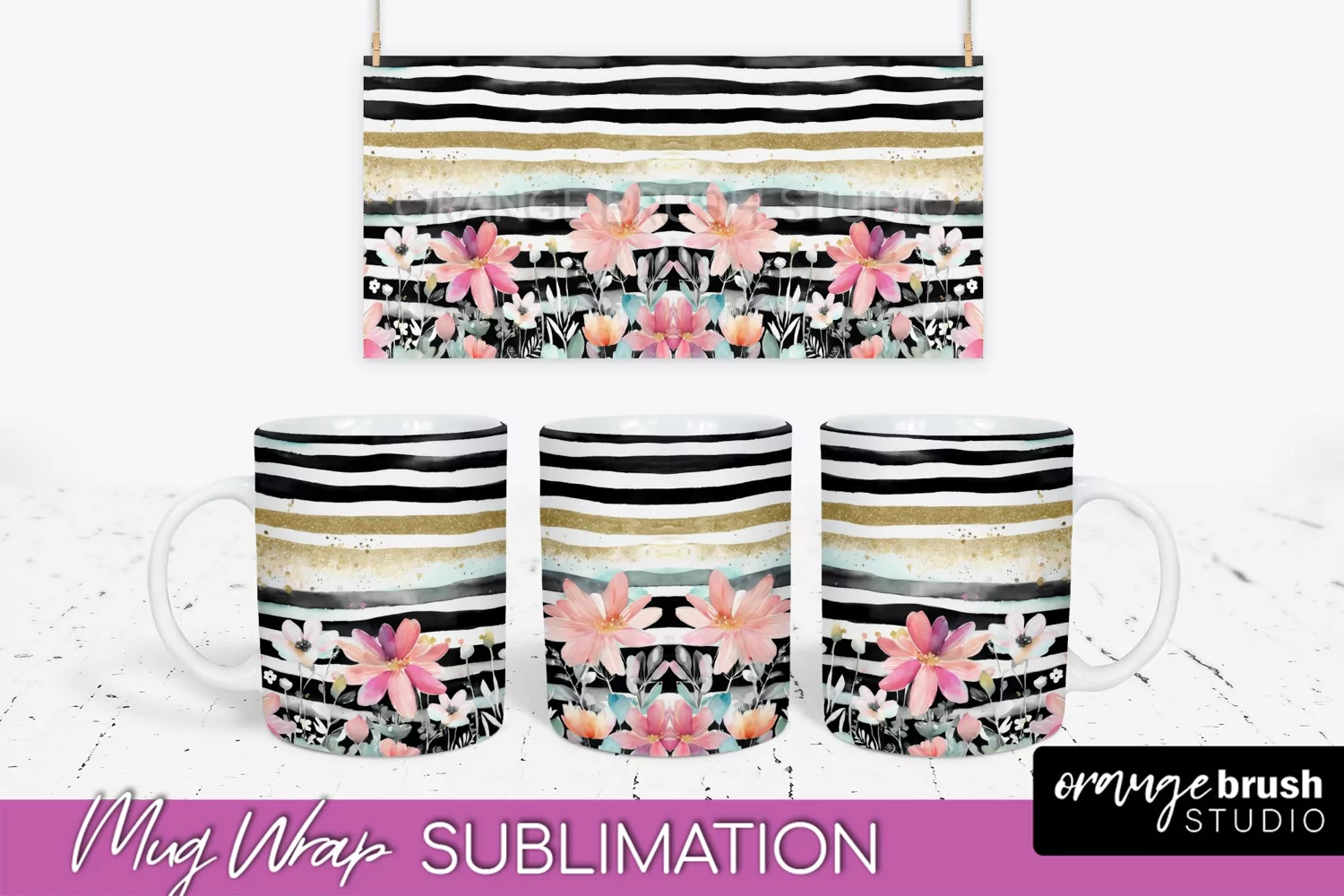 Pink Watercolor Flowers Mug Wrap - Floral Mug Sublimation product image 1