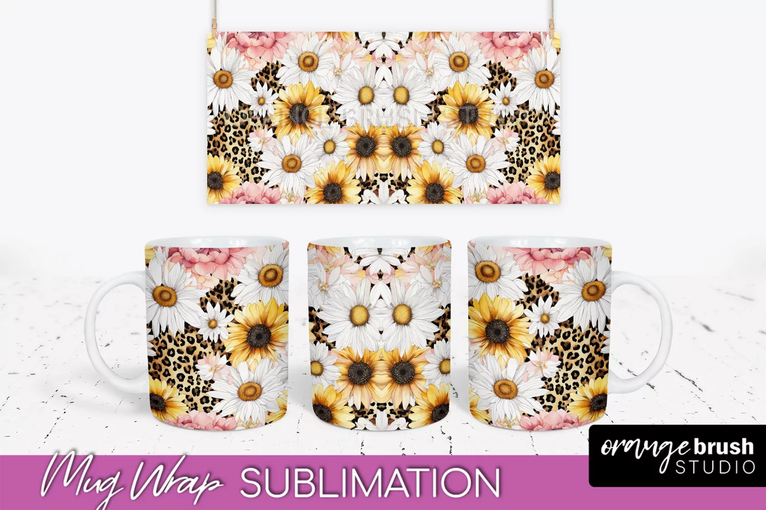 Pink Watercolor Flowers Mug Wrap - Floral Mug Sublimation product image 1