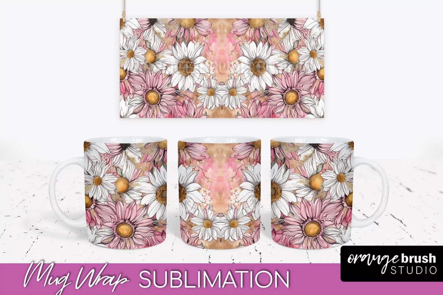 Pink Watercolor Flowers Mug Wrap - Floral Mug Sublimation product image 1