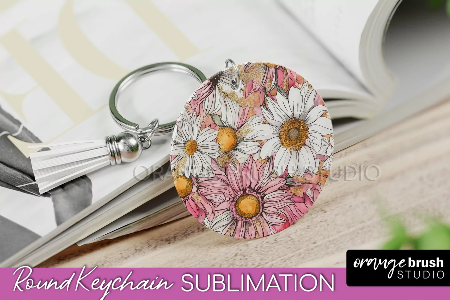 Pink Flowers Keychain, Floral Keychain Sublimation Design product image 1