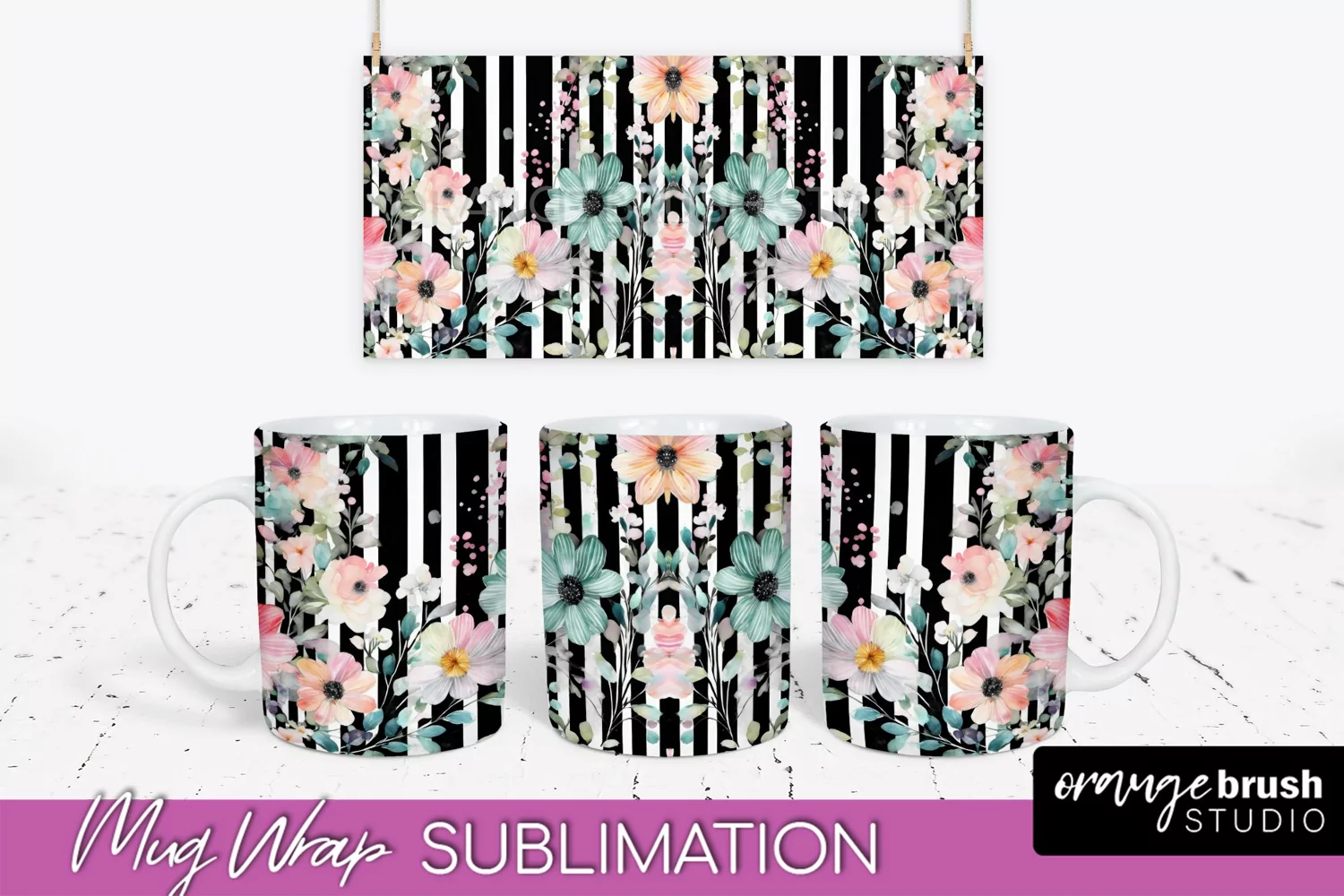 Pink Watercolor Flowers Mug Wrap - Floral Mug Sublimation product image 1