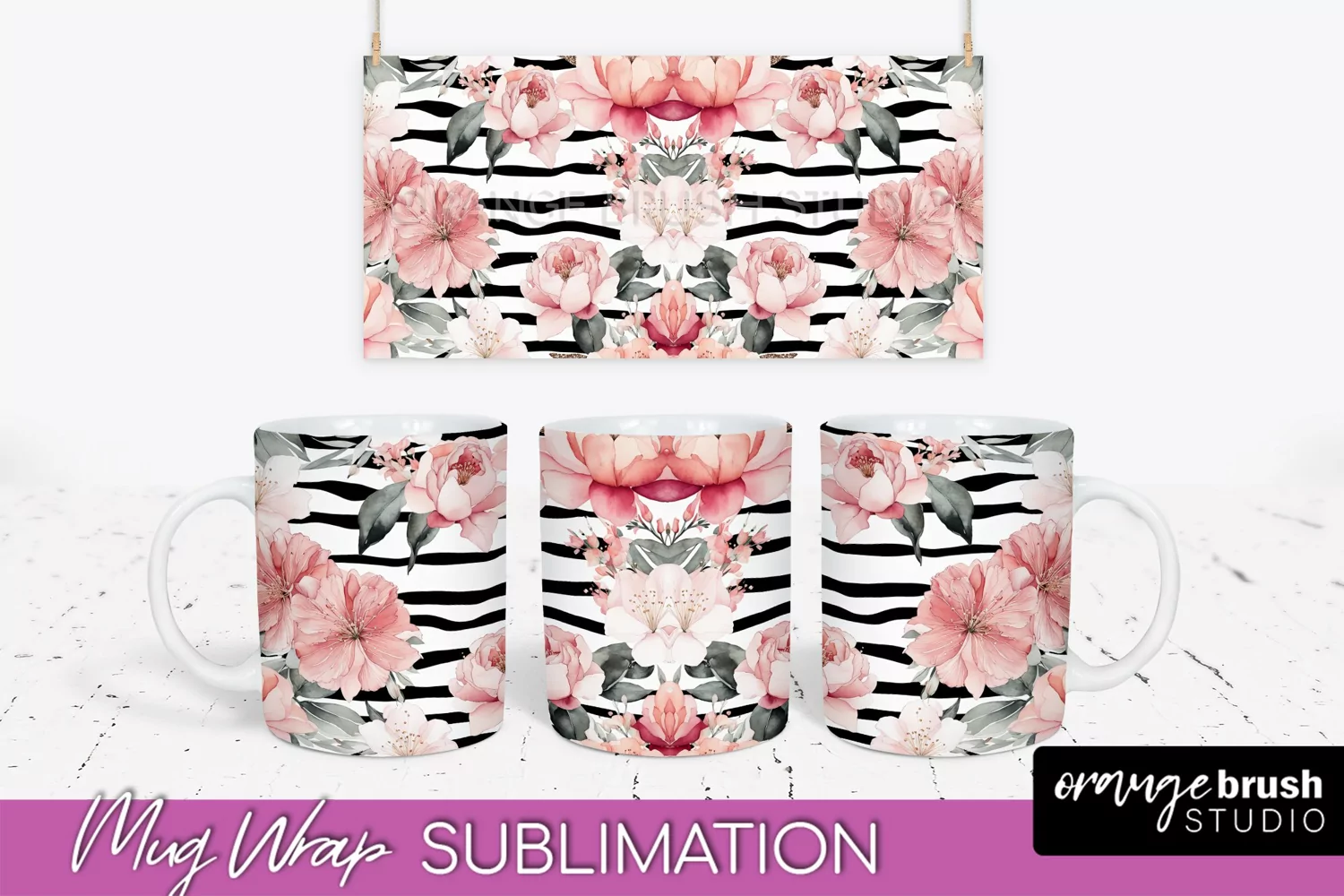 Pink Watercolor Flowers Mug Wrap - Floral Mug Sublimation product image 1