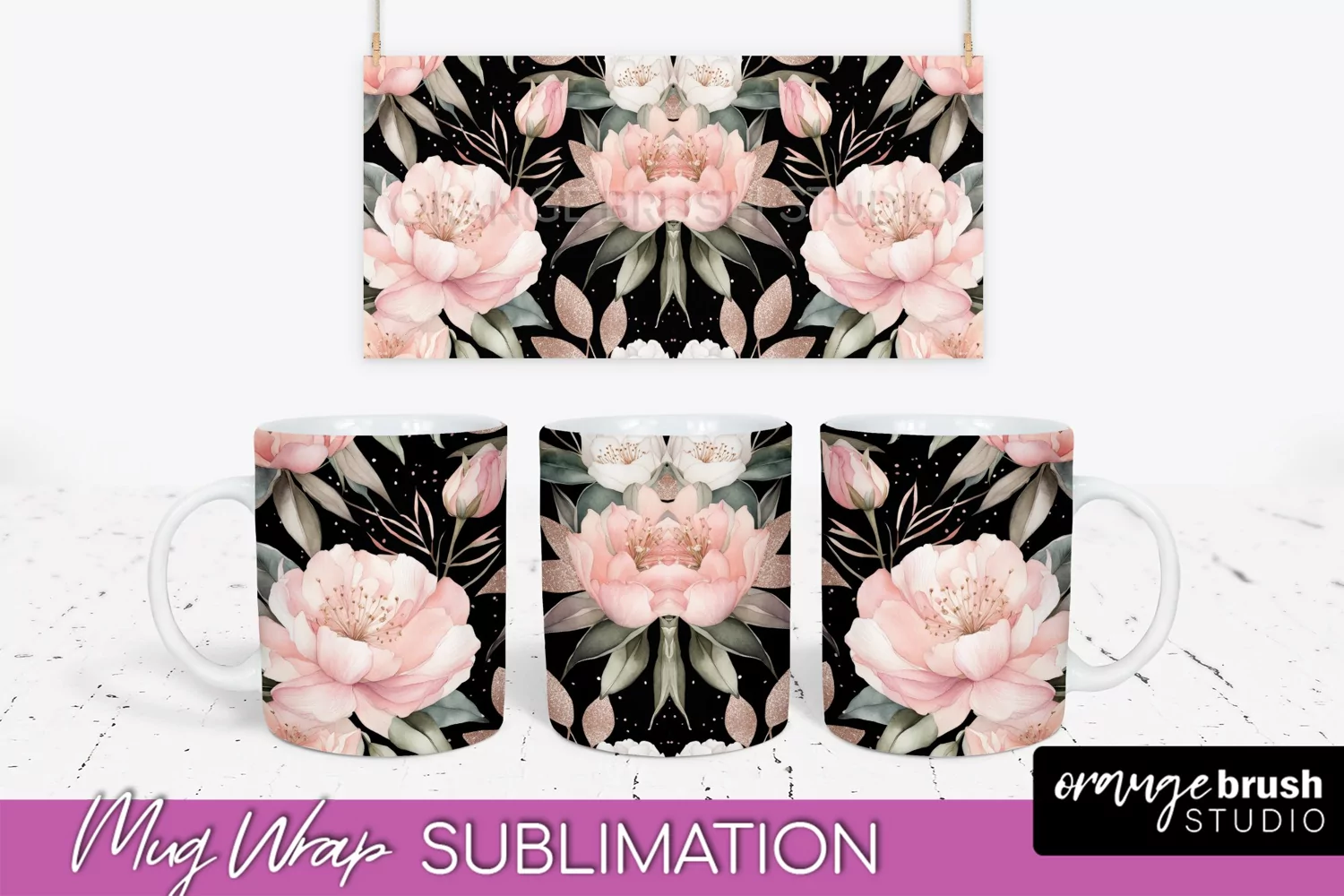 Pink Watercolor Flowers Mug Wrap - Floral Mug Sublimation product image 1