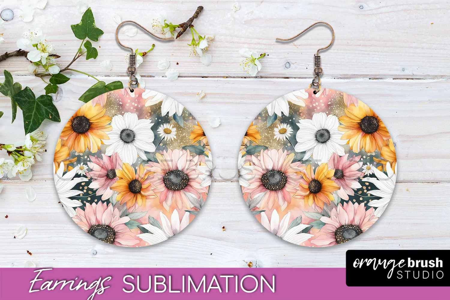 Watercolor Flowers Earrings, Pink Floral Earring Sublimation product image 1