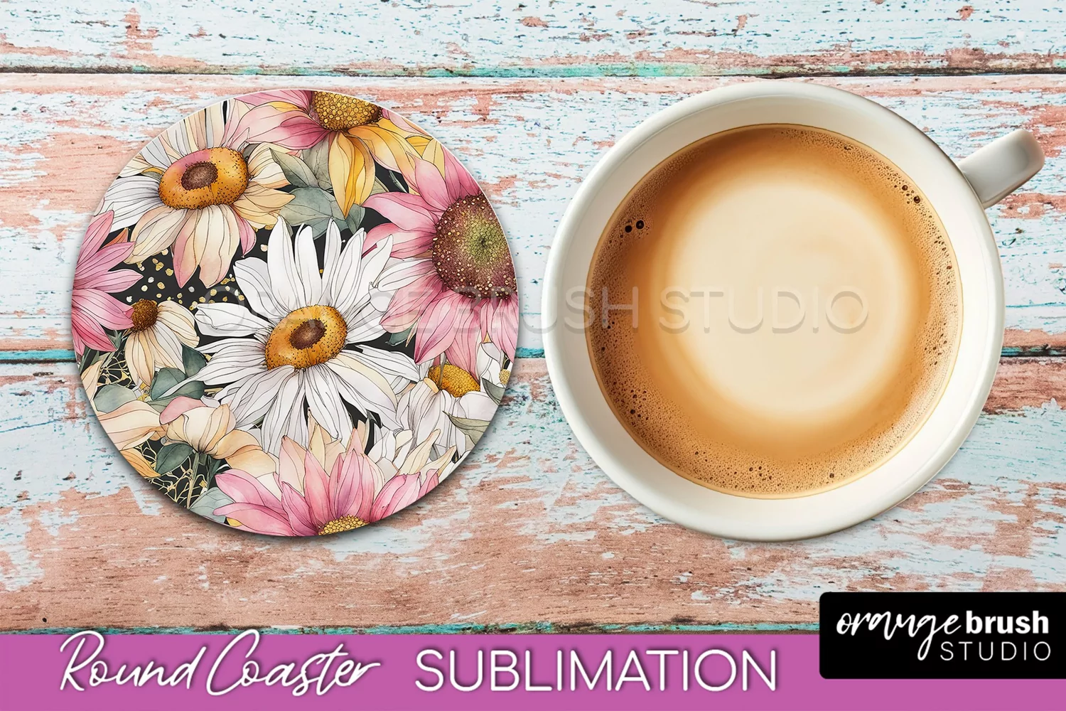 Watercolor Flowers Round Coaster - Floral Pink Sublimation product image 1