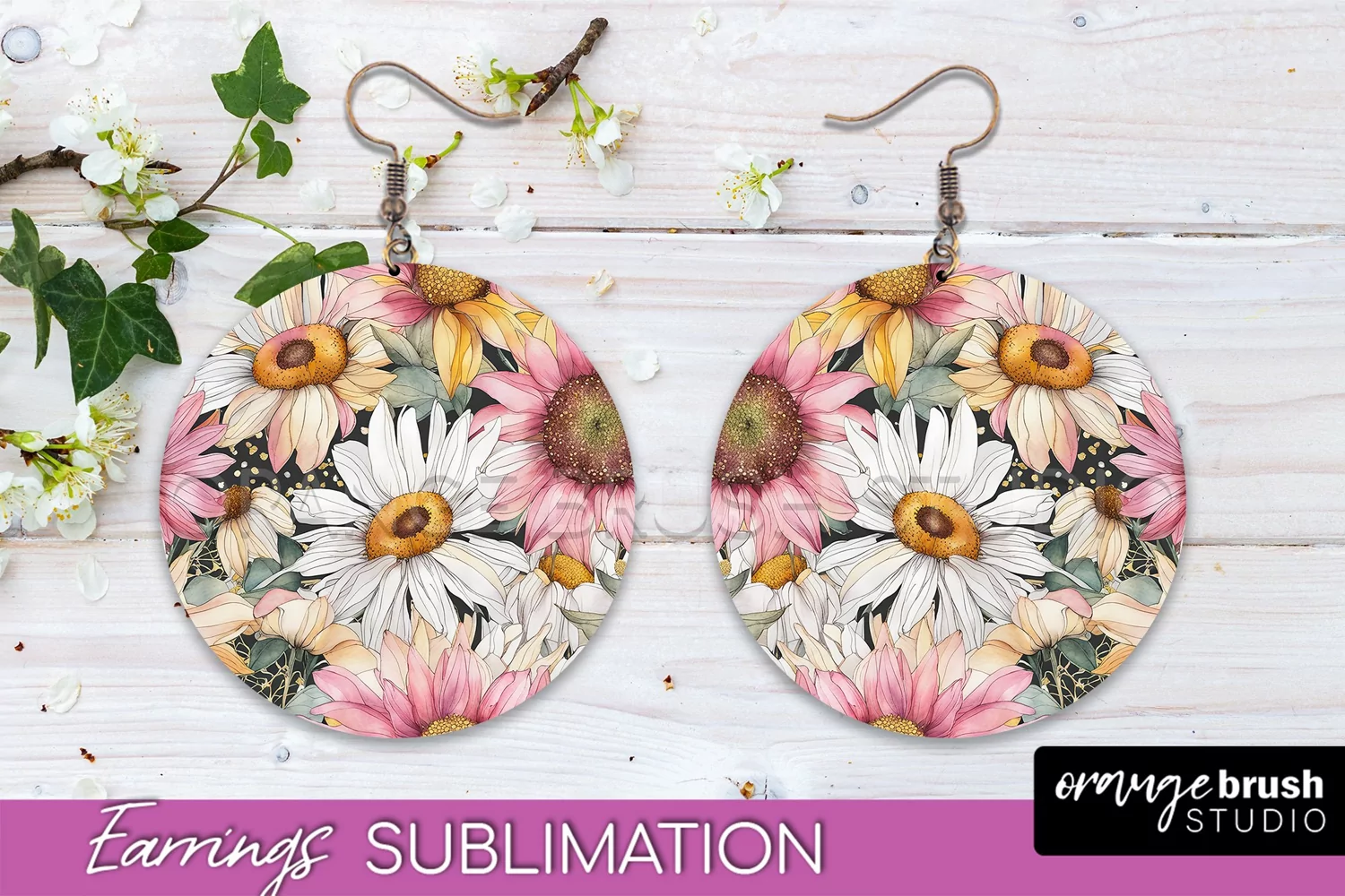 Watercolor Flowers Earrings, Pink Floral Earring Sublimation product image 1