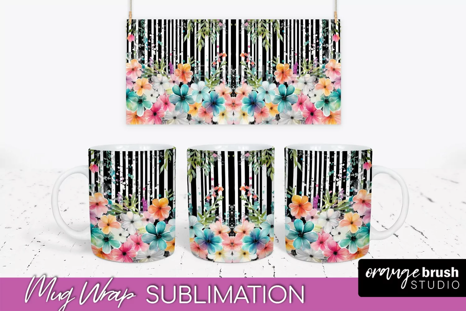 Pink Watercolor Flowers Mug Wrap - Floral Mug Sublimation product image 1