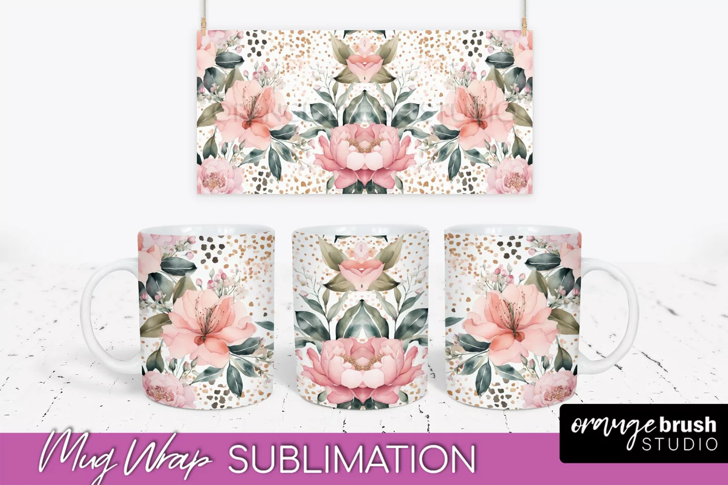 Pink Watercolor Flowers Mug Wrap - Floral Mug Sublimation product image 1