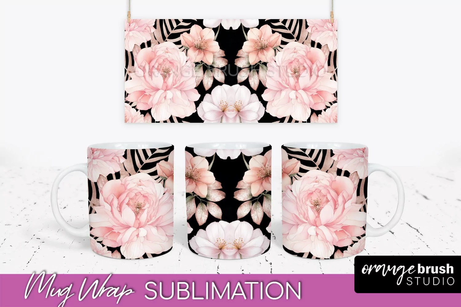 Pink Watercolor Flowers Mug Wrap - Floral Mug Sublimation product image 1