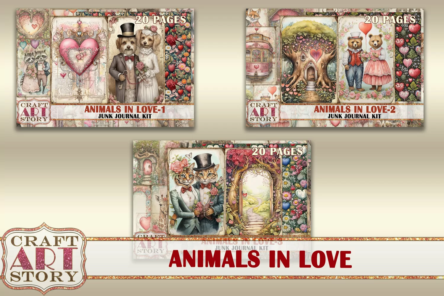 Valentine's Day Animals in love-3 Junk Journal Kit,Collage product image 1